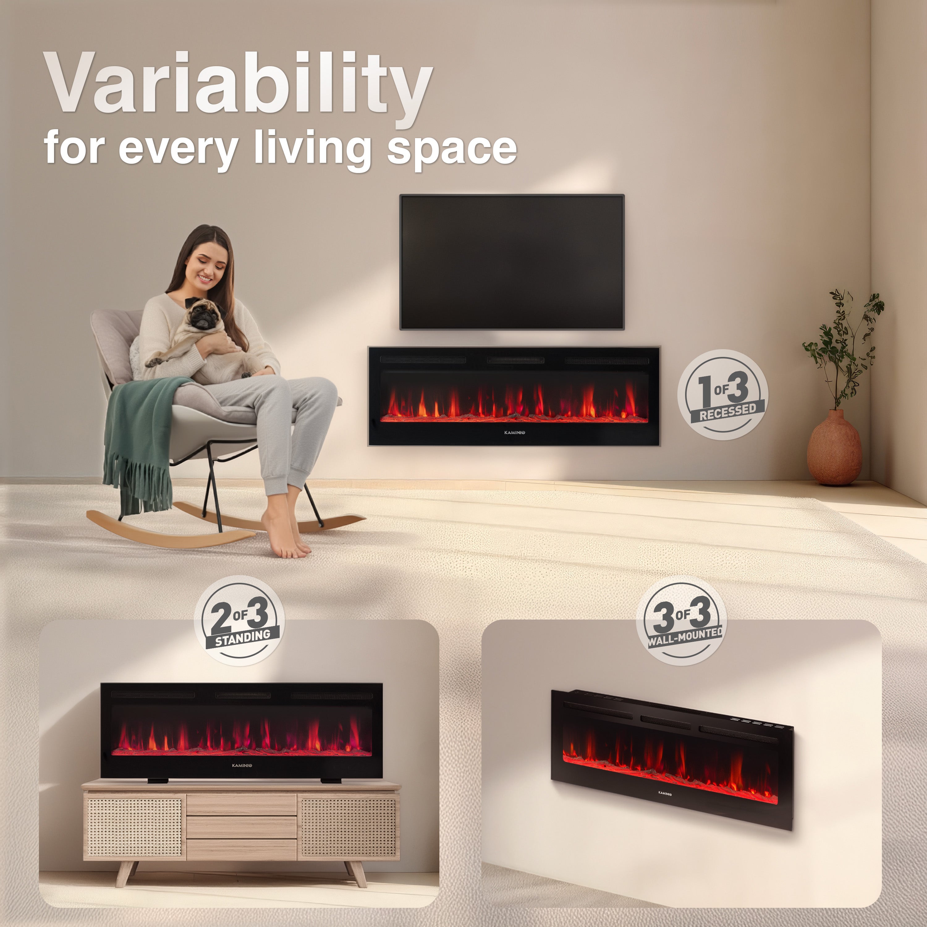KAMINIO Cheminée électrique MARLON - Cheminée électrique 3 en 1 avec chauffage, effet flamme 3D, 12 couleurs de flamme, télécommande - 60 pouces - 2