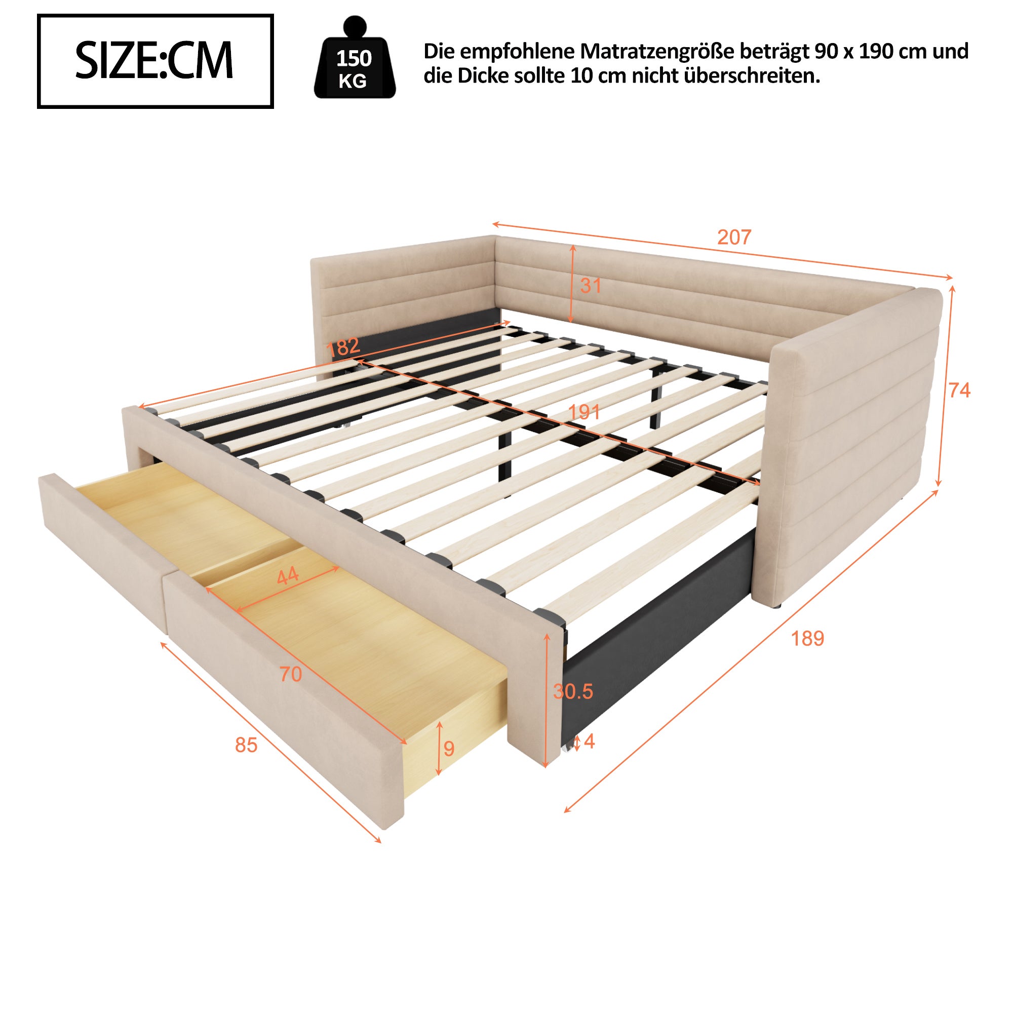 Łóżko wysuwane 90/180 x 200 cm z zagłówkiem, sofa rozkładana - Tkanina lniana - Beżowy (Materac nie jest wliczony w cenę) - 5