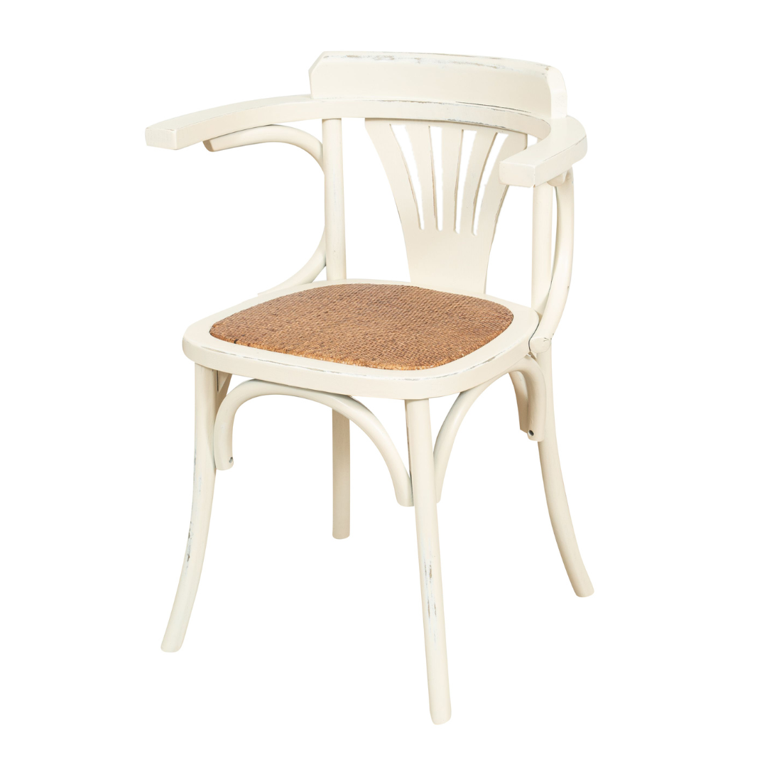 Biscottini silla de comedor con reposabrazos estilo thonet - sillón de madera de fresno acabado blanco envejecido, asiento rejilla vienesa -45x42x77cm
