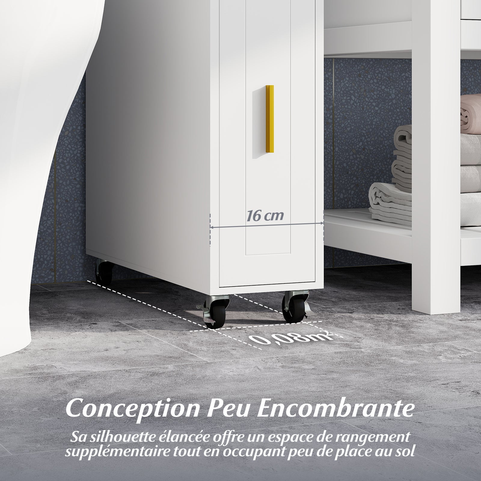 Credenza da Bagno Piccolo, Mobile Salvaspazio Stretto e Slim con Cassetto Scorrevole, Porta Fazzoletti, Portascopino e Ruote Bloccabile, Armadietto pe - 5