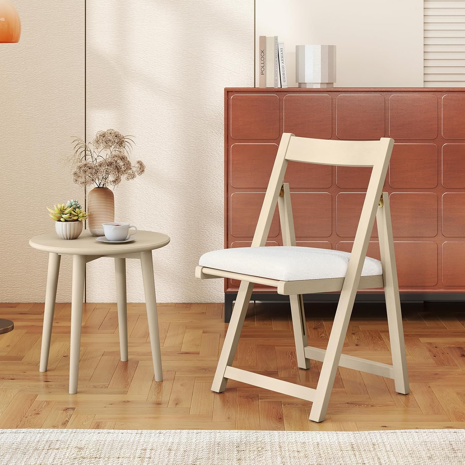 Lot de 2 Chaise Pliante avec Dossier Courbé, Chaises de Salle à Manger Rembourrées, Structure en Bois de Caoutchouc, pour Salon, Charge 150 kg, Beige - 2