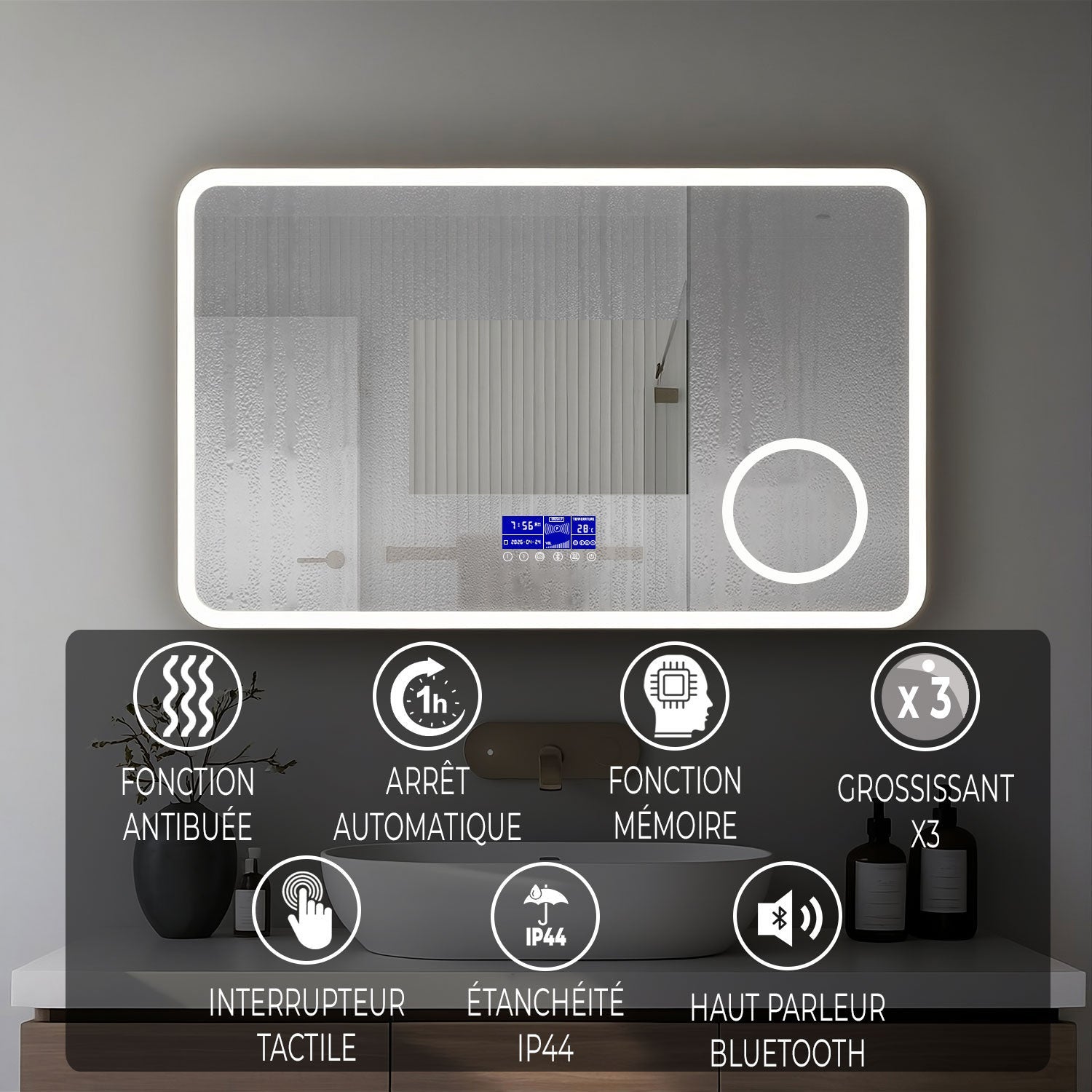 SANILAND Miroir Intelligent de Salle de Bain avec Éclairage LED et Haut-Parleurs Bluetooth, Dimensions 80x60 - 3