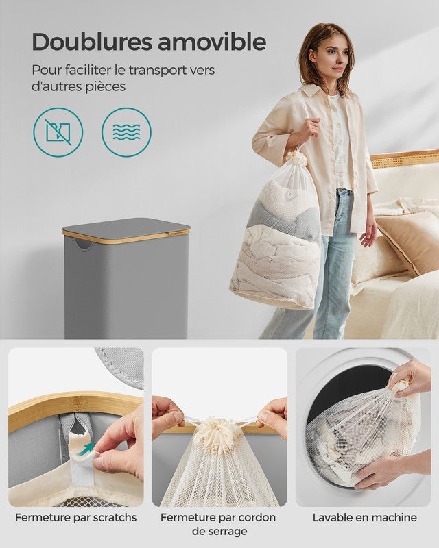 Panier à Linge Mince avec Couvercle, 90L, Doublure en Maille Amovible, Poignées en Bambou, Pliable, 42 x 32 x 70,5 cm, Gris Tourterelle - 6