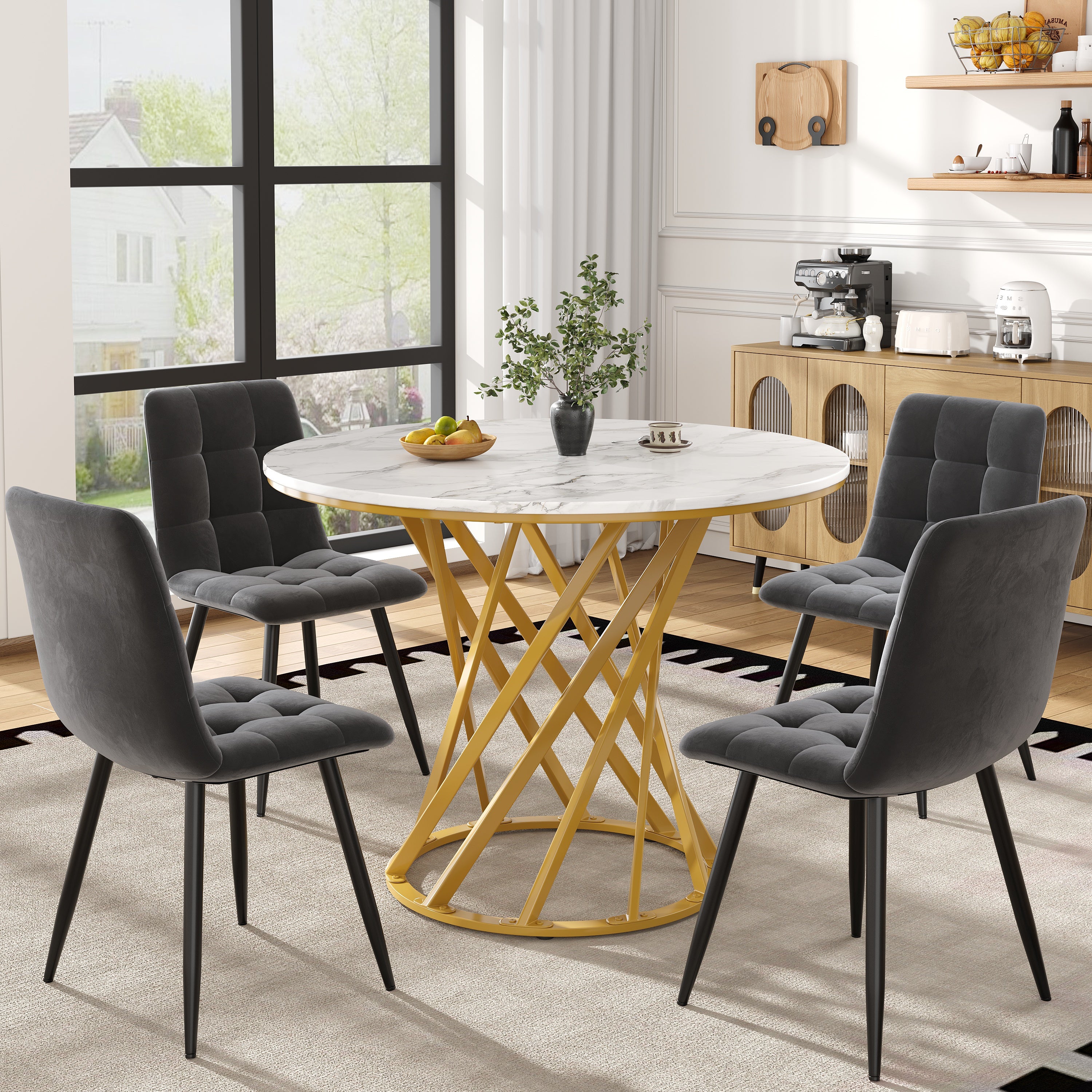 Zestaw okrągły stół jadalny + 4 krzesła welurowe - D 80 x W 76 cm - Blat z płyty MDF marmurowy i nogi metalowe w kolorze złotym - Szary + biały