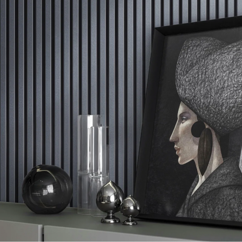 Mur TV - Lot de 5 Panneaux tasseaux bois 250 x 30 x 1,9 cm - alu/feutrine noir - 3,75m² - 4