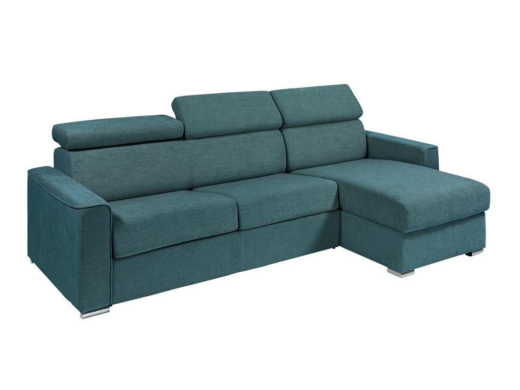 Kanapa narożna dwustronna rozkładana typu express z niebieską tapicerką - Miejsce do spania z szerokimi listewkami 160 cm - Materac 18 cm - VIZIR