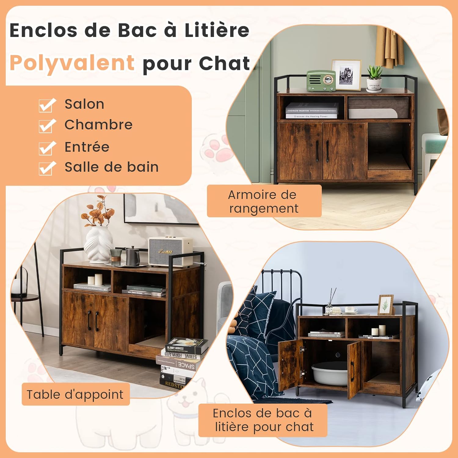 Meuble Litiere Chat Griffoir Amovible Industriel, 89x45x74,5cm Café - 5