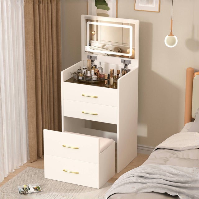 Coiffeuse miroir LED blanc et hêtre, niches, tiroir et tabouret - ZELIA