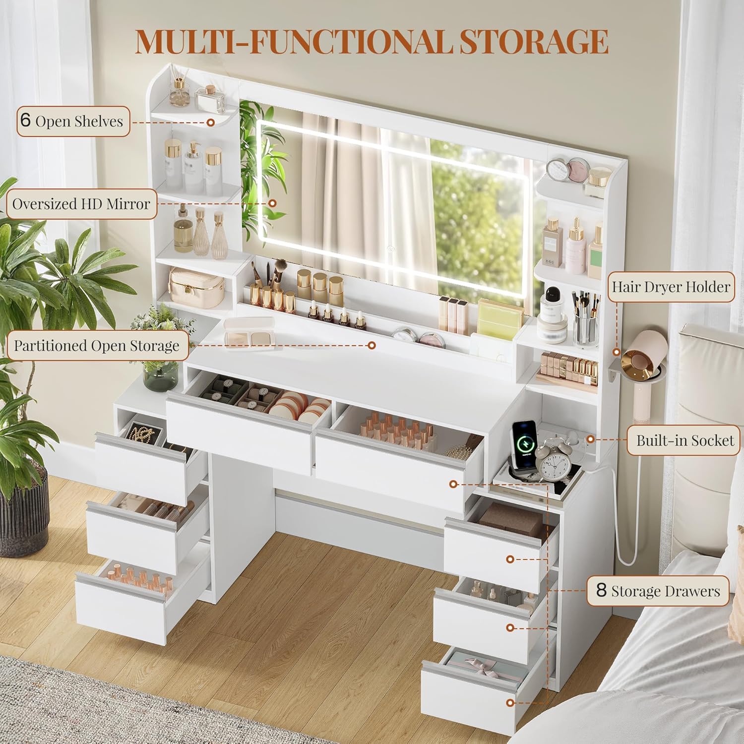 135cm Coiffeuse avec Miroir, 3 Lumières LED à Luminosité Réglable, Prises de Courant, Support pour Sèche-Cheveux, 8 Tiroirs et Étagères, Blanc-Argent - 3