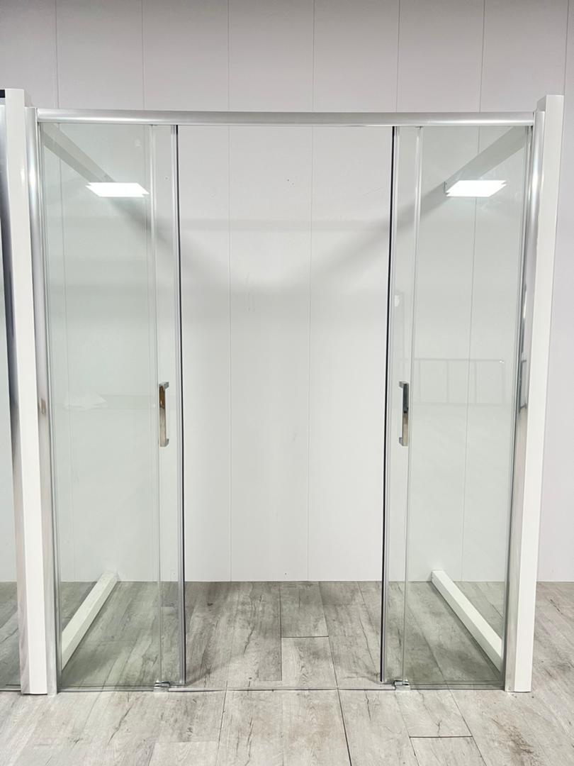 Brodzik Vulcano Line Slim 95x150 cm, biały + kabina prysznicowa 95x150 cm z jedną stałą taflą szkła i centralnym otworem z 4 taflami szkła - FRASCIO