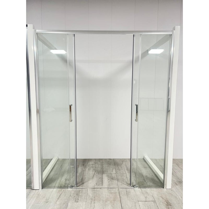 Brodzik Vulcano Line Slim 95x150 cm, biały + kabina prysznicowa 95x150 cm z jedną stałą taflą szkła i centralnym otworem z 4 taflami szkła - FRASCIO