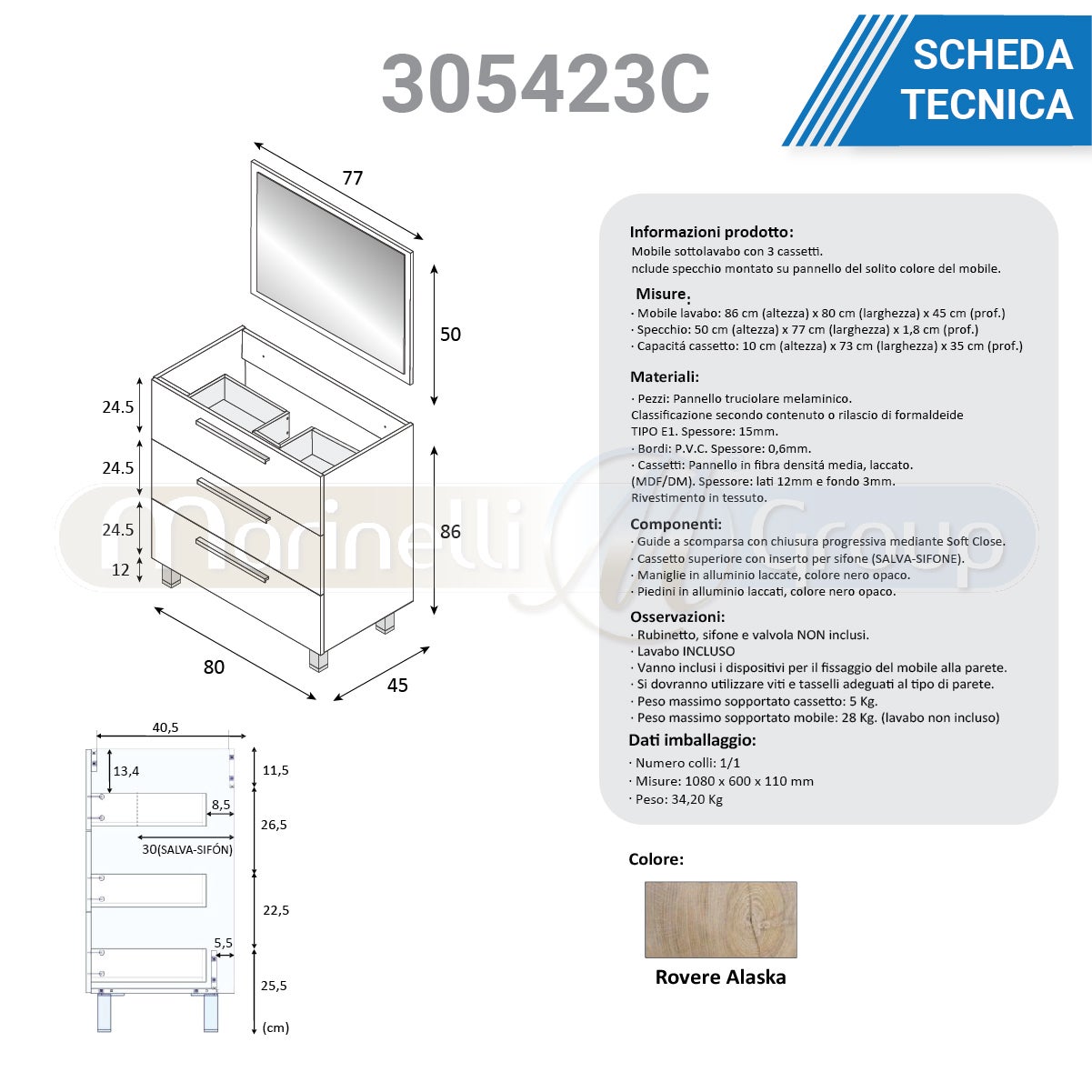 Mobile Bagno Alaska 80 Cm Con Lavabo In Resina Nera E Specchio LED - 3 Cassetti, Produzione Europea, Nero