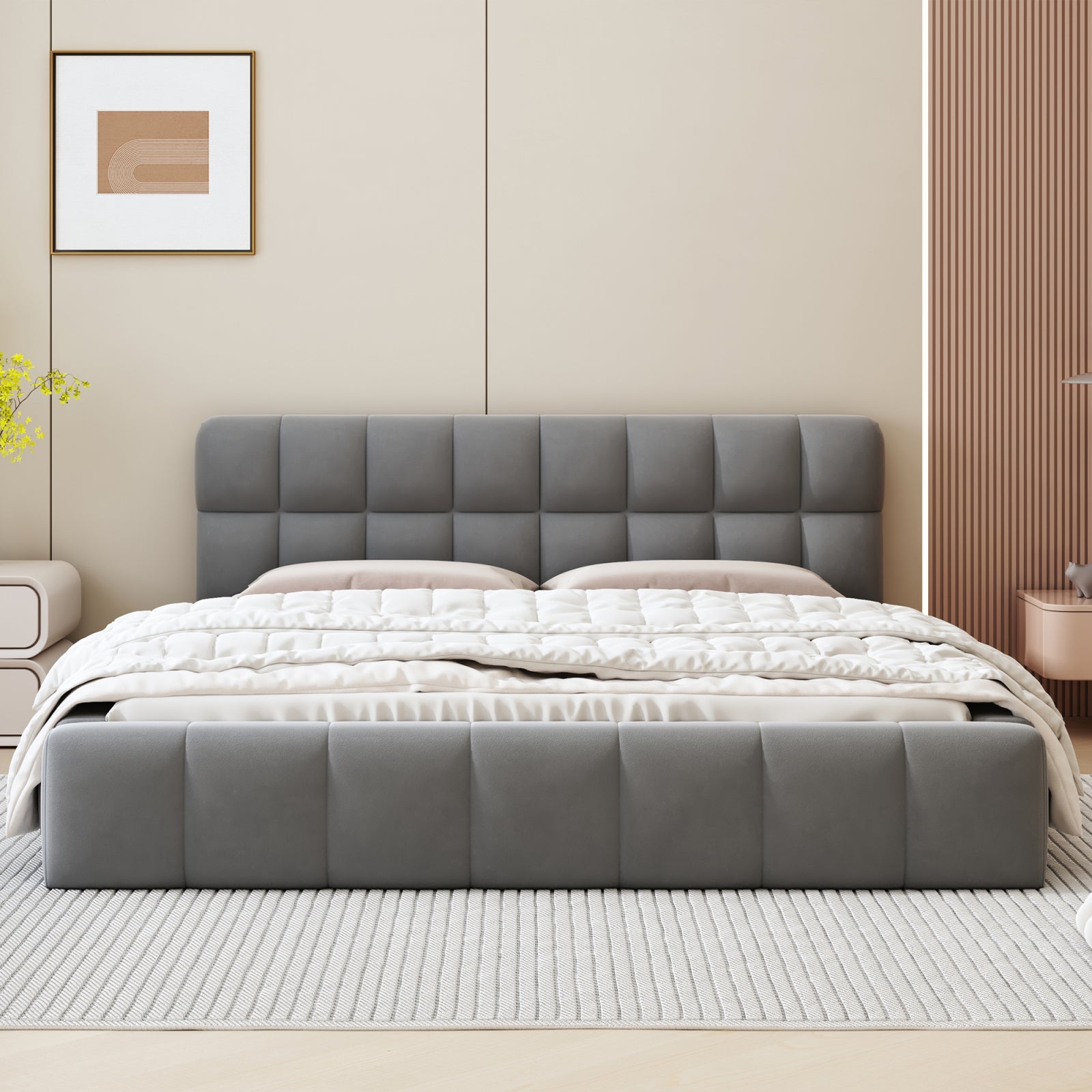 Lit adulte 140x190cm en lin avec dossier moelleux, Lit plat avec sommier à lattes, gris - 2