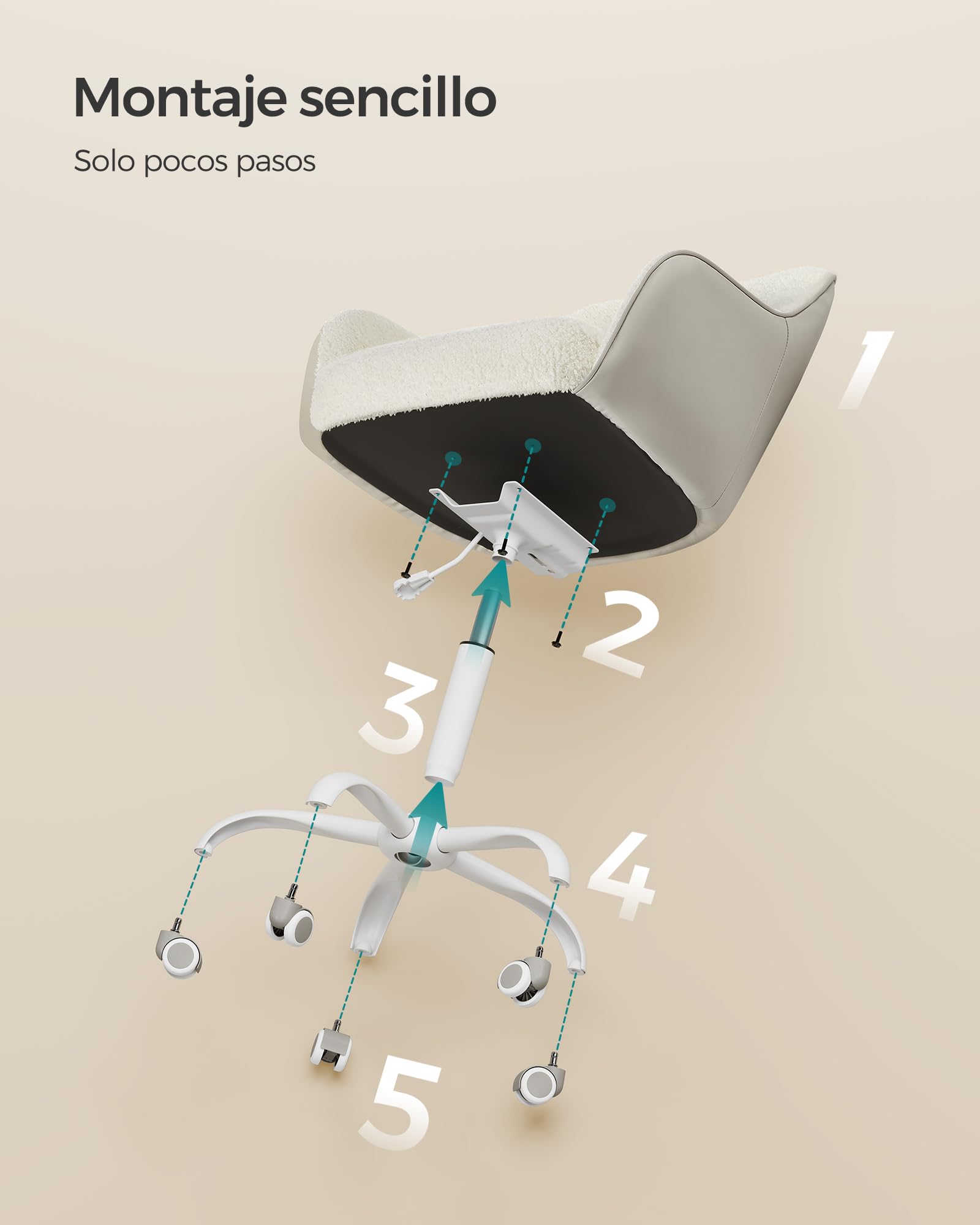 Silla de oficina giratoria y cómoda, altura ajustable, capacidad de carga 120 kg, estructura de acero, terciopelo, beige - 7