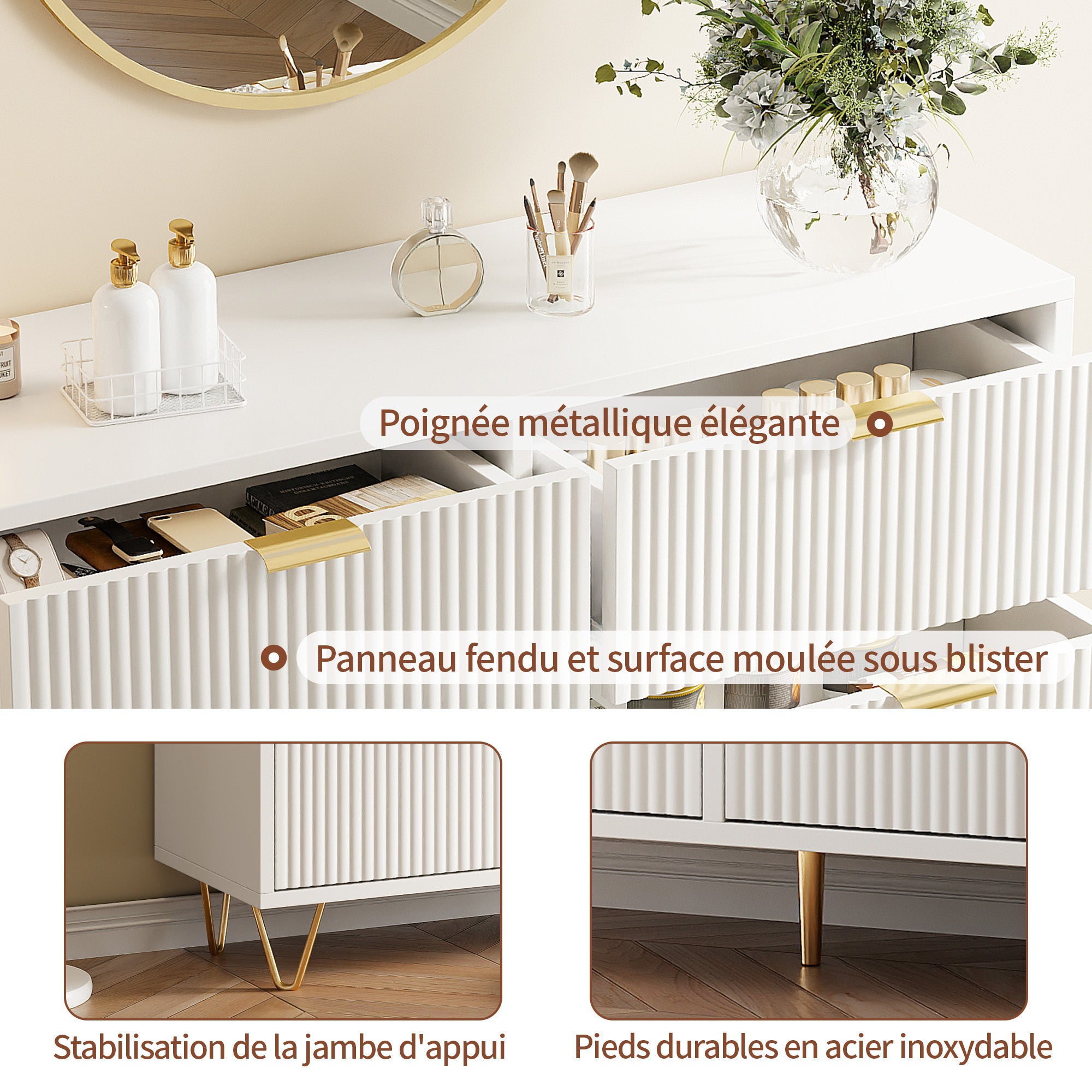 Commode blanche,6 tiroirs, Buffet d'appoint, finition ondulée, avec pieds et poignées dorés, salon, chambre, salle à manger - 5