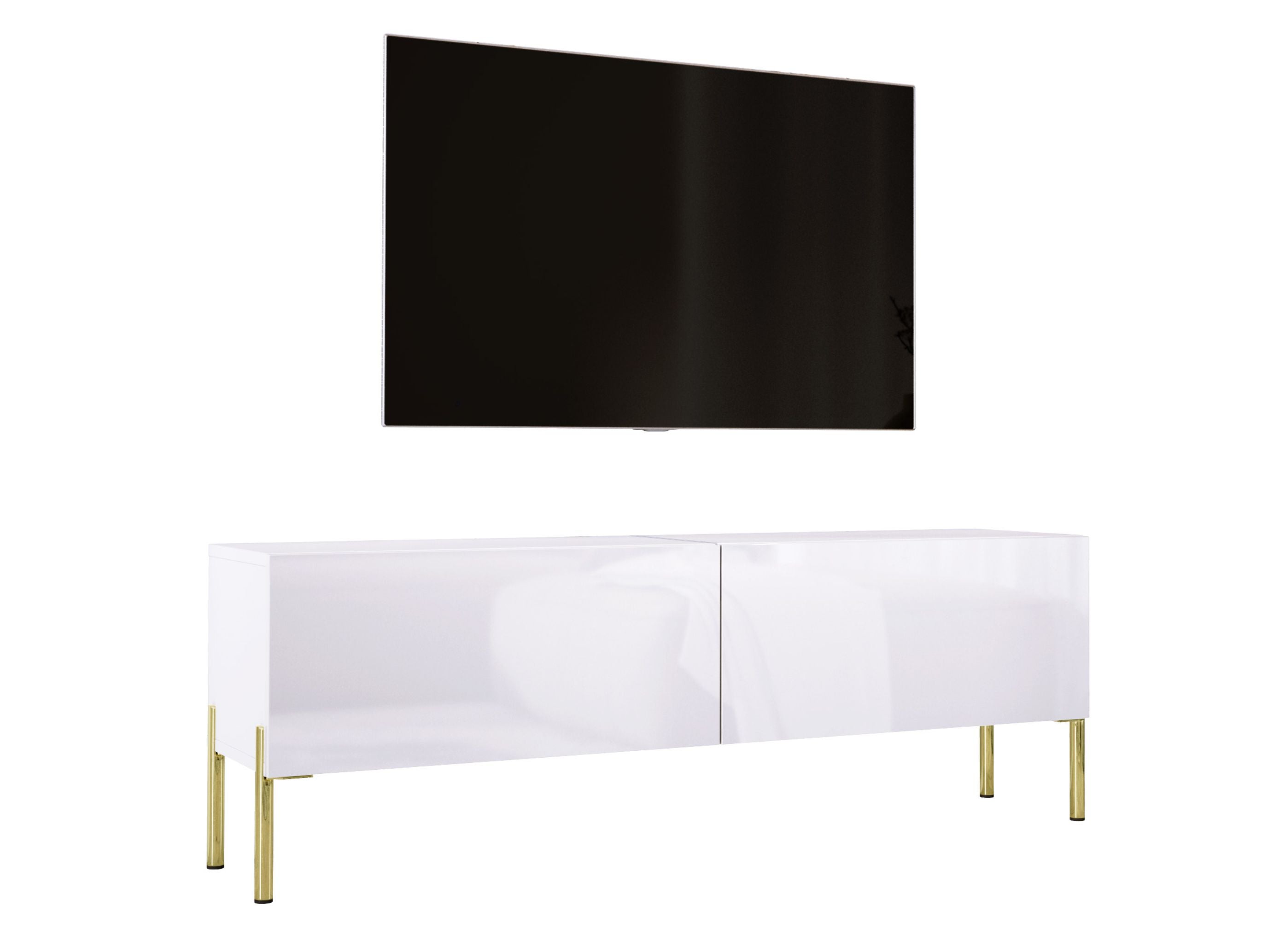 Meuble TV En Blanc Mat / Blanc Brillant Avec Pieds En Or, 140 x 52 x 32