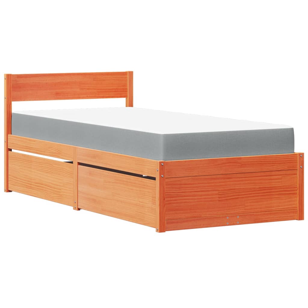 Lit avec tiroirs et matelas, bois massif de pin, cire marron, pour la chambre, 100 × 200 cm - 2