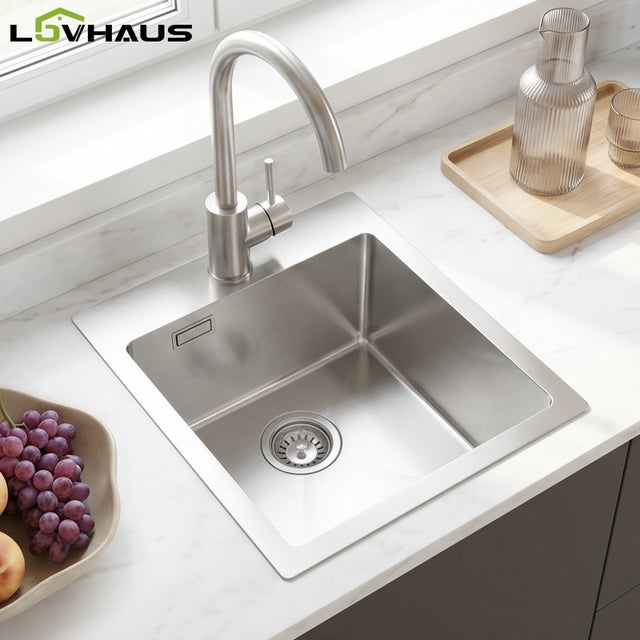 Petit évier de cuisine compact 1 bac 40x34 cm gain de place inox brossé cadmium idéal pour studio et petite cuisine avec siphon et trop-plein LOVHAUS