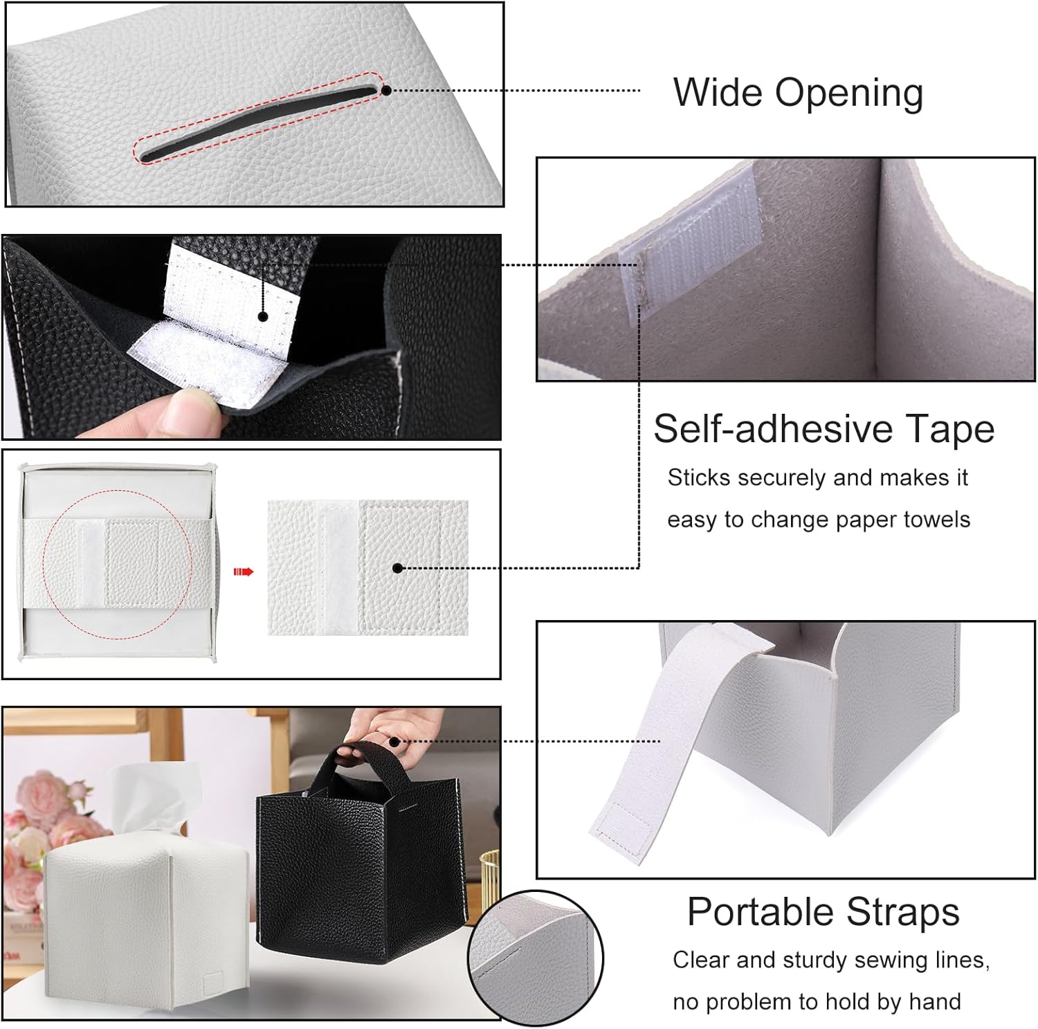 Kwadratowe pudełko na chusteczki ze sztucznej skóry, nowoczesne, wodoodporne pudełko na chusteczki z paskiem u dołu, składane ozdobne pudełko na chus - 5