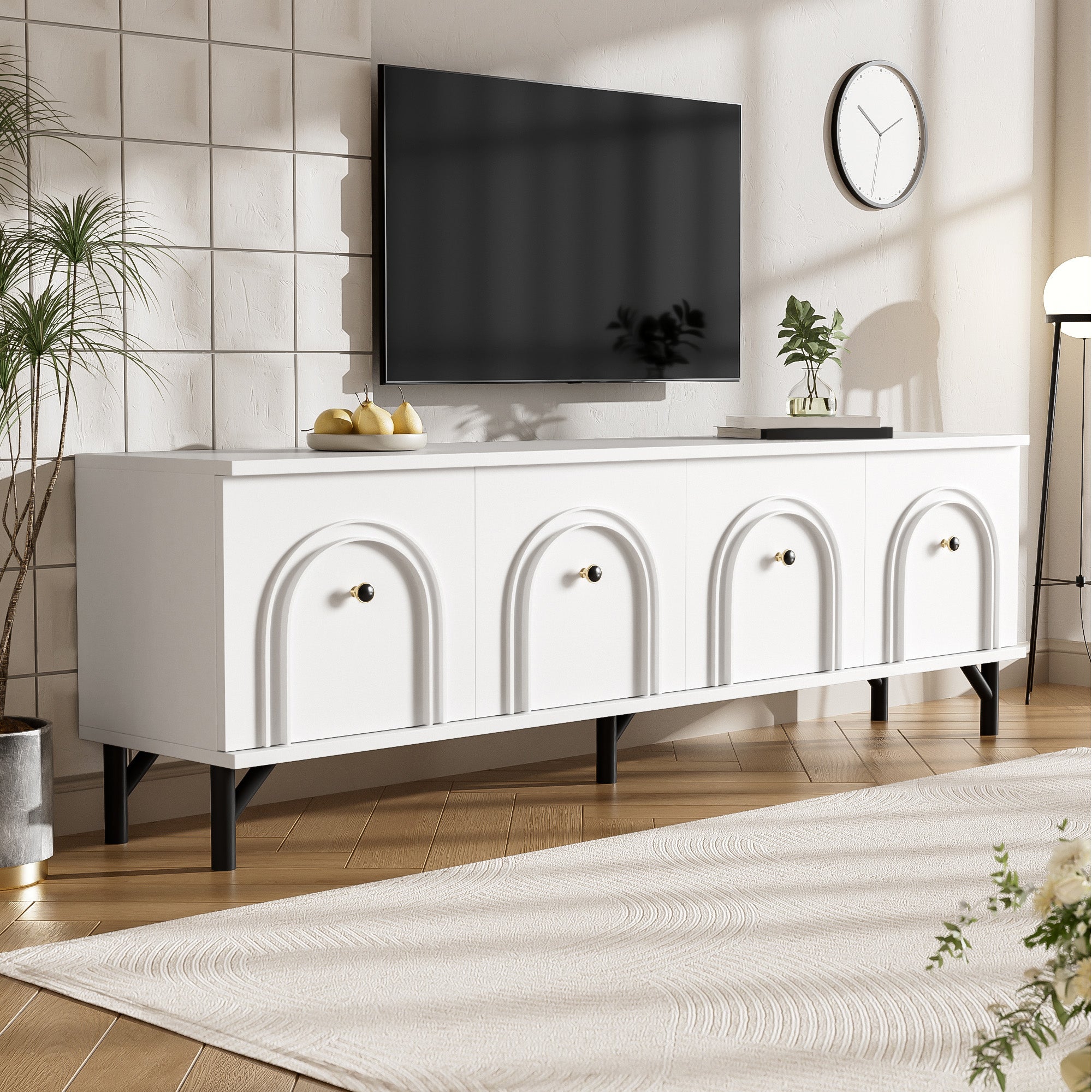 Szafka RTV 160x38x55,5 cm - z 4 drzwiami - płyta wiórowa - biała