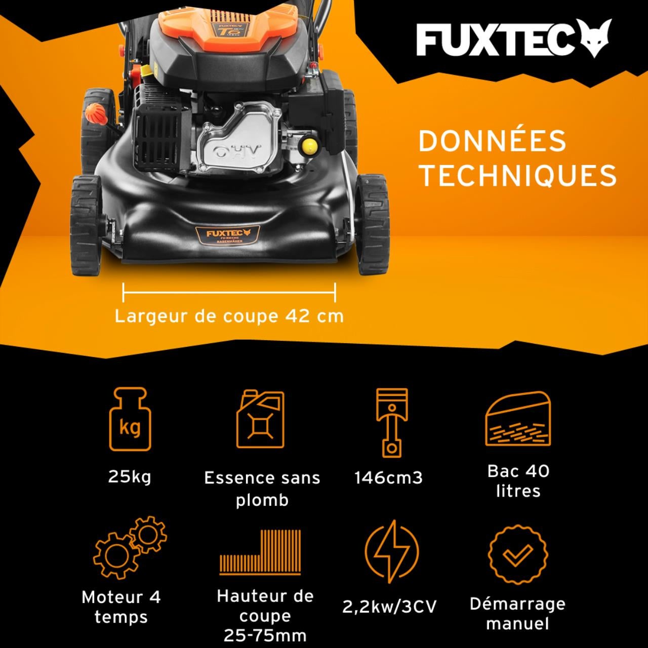 Tondeuse à gazon thermique poussée FUXTEC FX-RM4346ECO – 42 cm – 146 cm³ – 3,5 CV – Easy Clean - 3