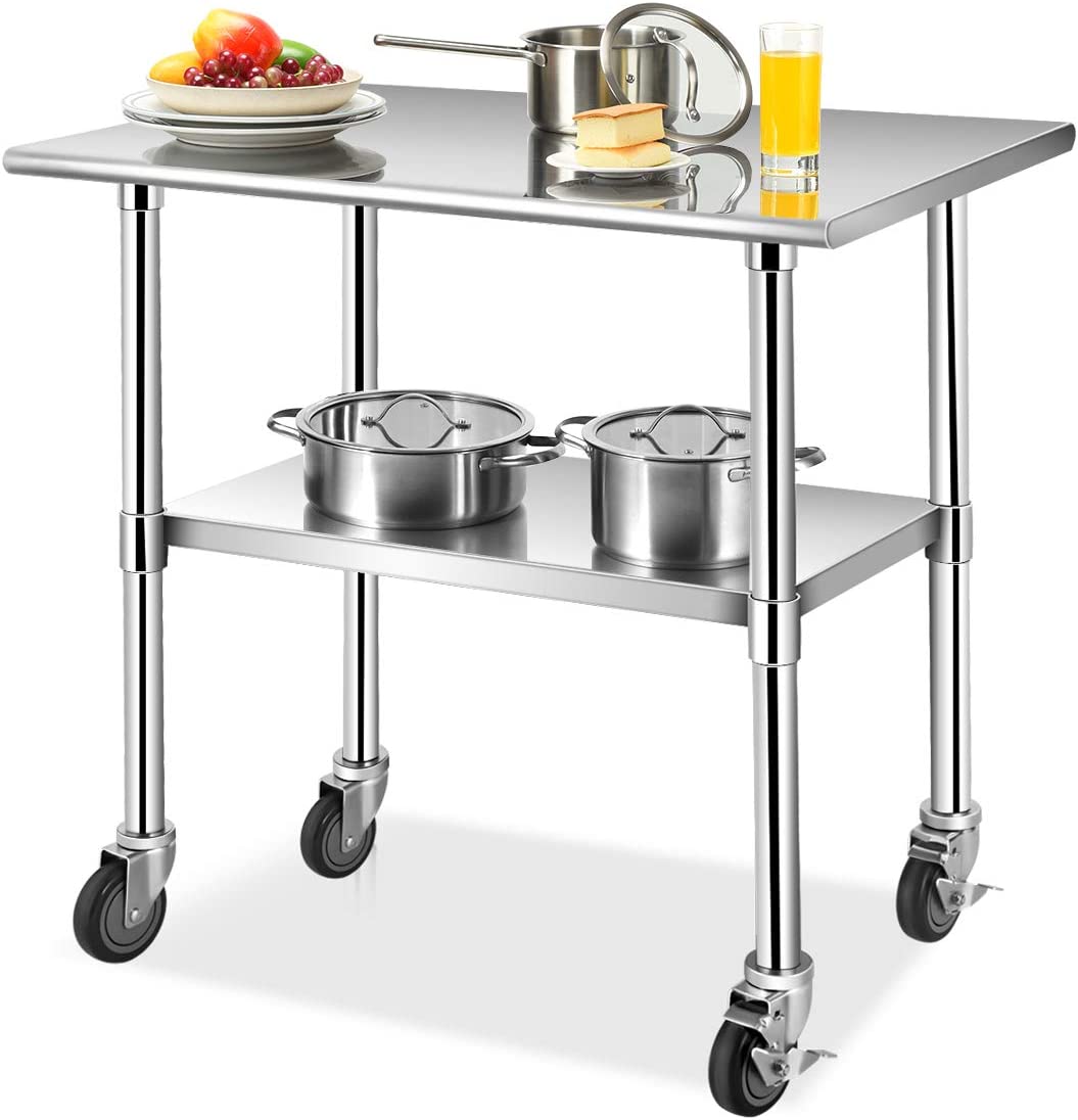 Stół roboczy ze stali nierdzewnej, stół ze stali nierdzewnej z półką z regulacją wysokości i 4 uniwersalnymi kółkami, nośność 250 kg