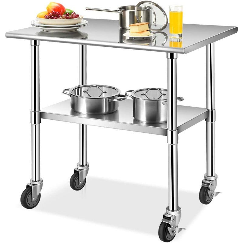 Stół roboczy ze stali nierdzewnej, stół ze stali nierdzewnej z półką z regulacją wysokości i 4 uniwersalnymi kółkami, nośność 250 kg