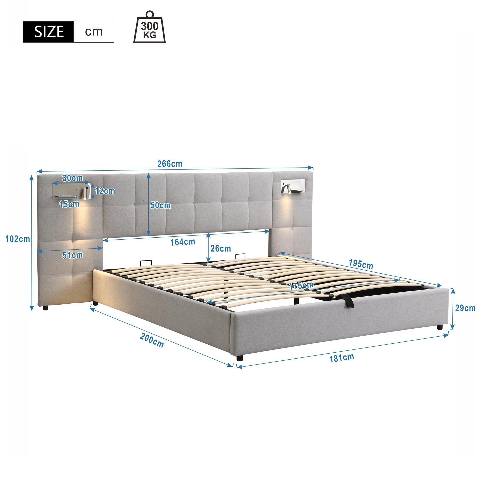 Cama contenedor de tela de lino 180x200 cm - con puerto USB, carga inalámbrica y LED - con somier - Gris - 5