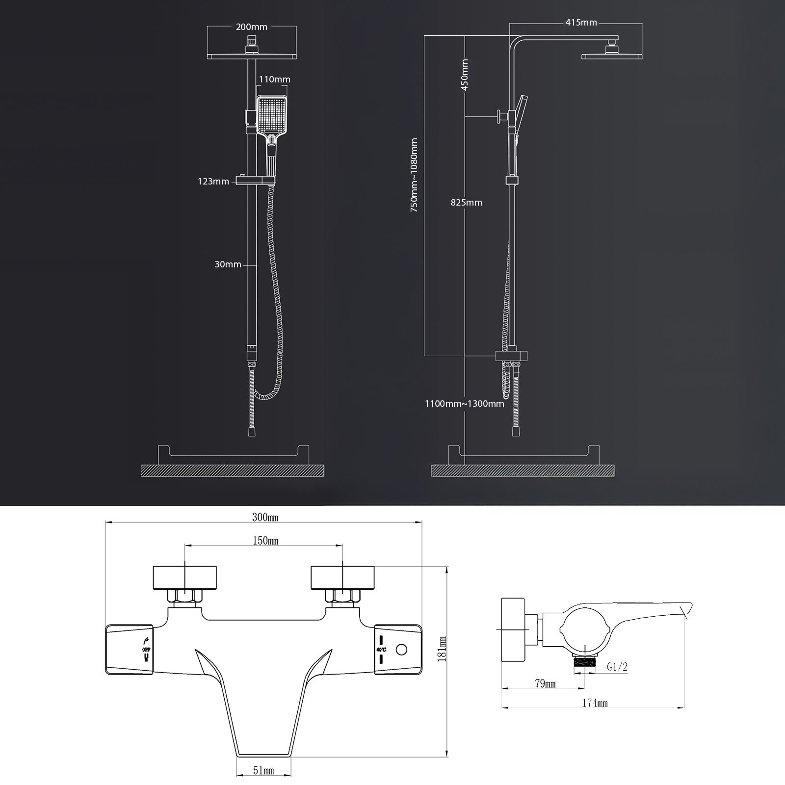 Colonne de Douche Thermostatique Noir Ensemble de Douche Robinet Cascade pour Baignoire Laiton Set de Douche Hauteur Réglable - 7