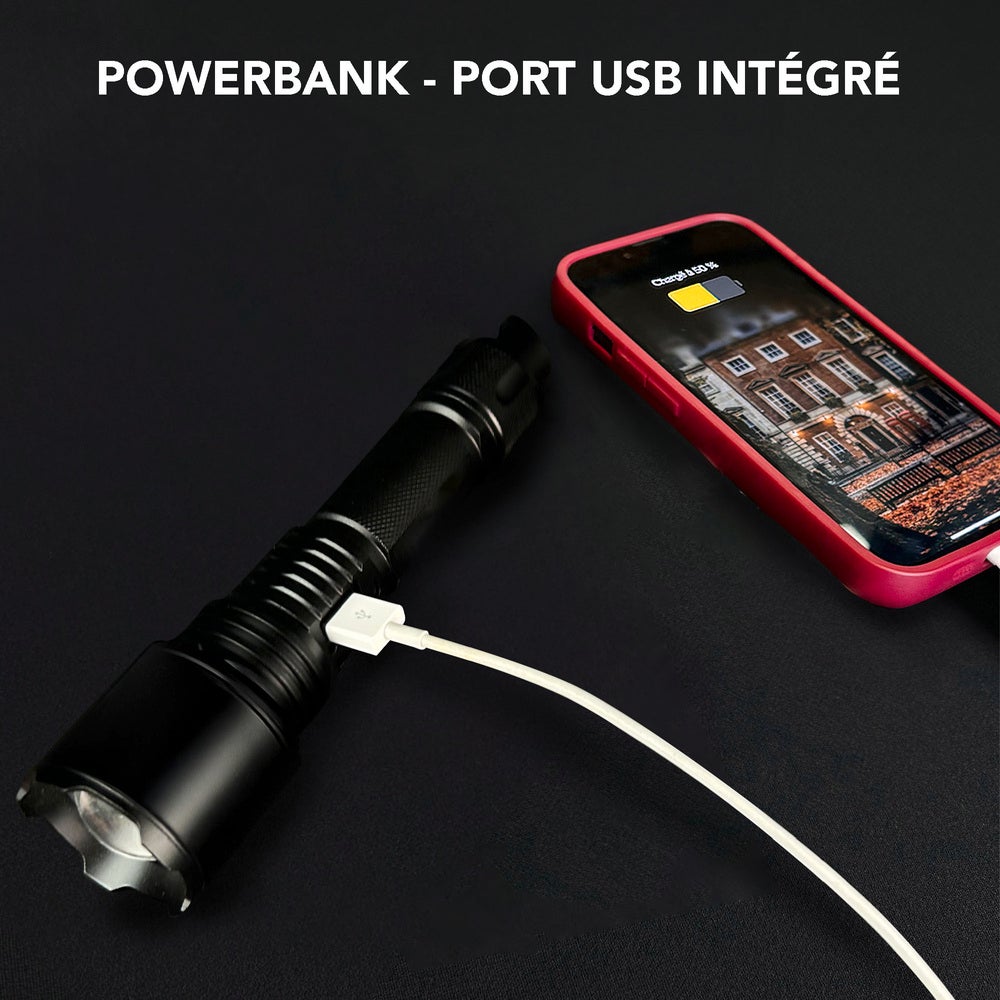 Lampe Torche LED rechargeable USB, 10W, 900 lumens, IP44, IK07, fonction brise vitre, decapsuleur, power bank - Tibelec - 4