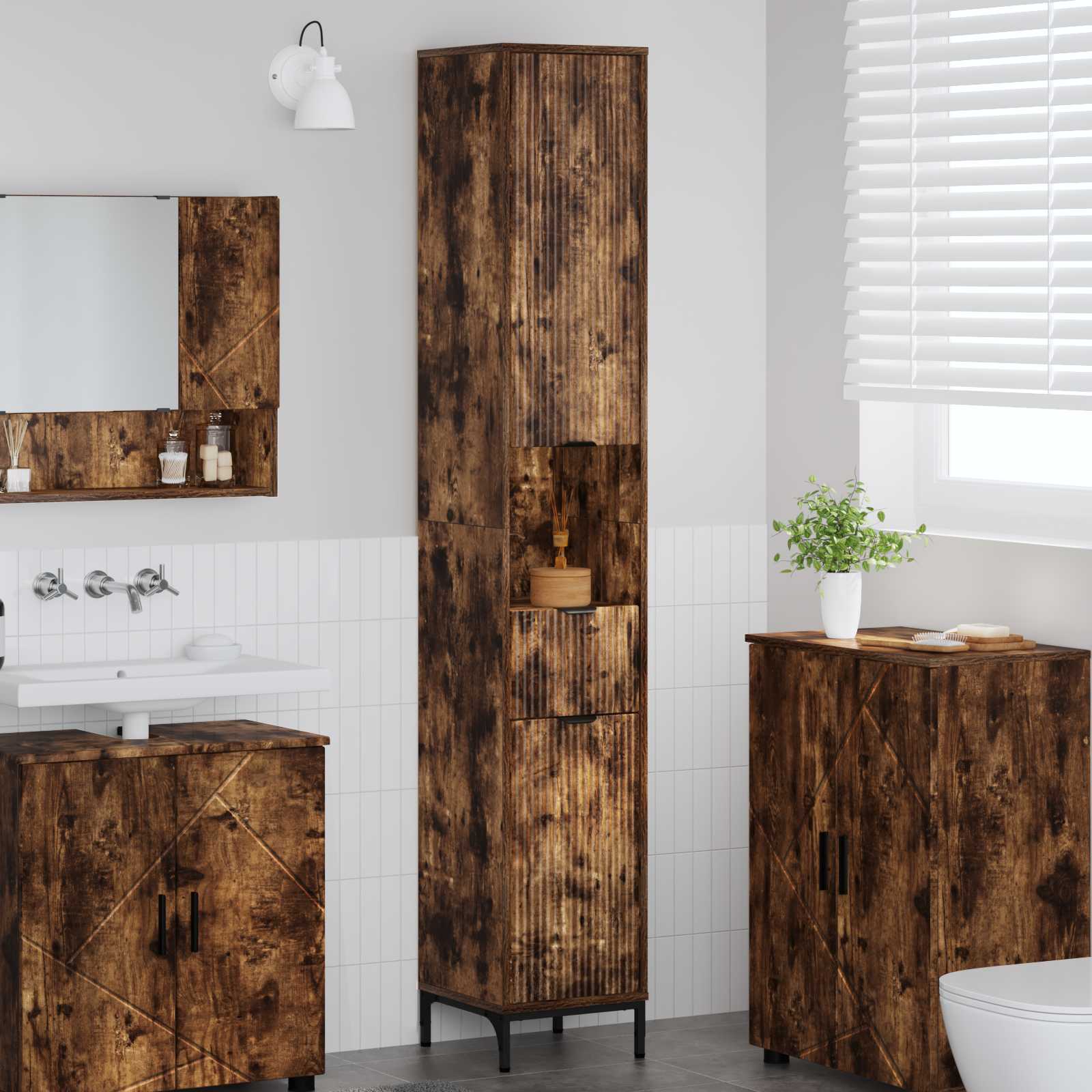 Vidaxl Mueble De Baño Alto Con Cajón Roble Ahumado 31.5 X 33 X 190 Cm , Leroy Merlin