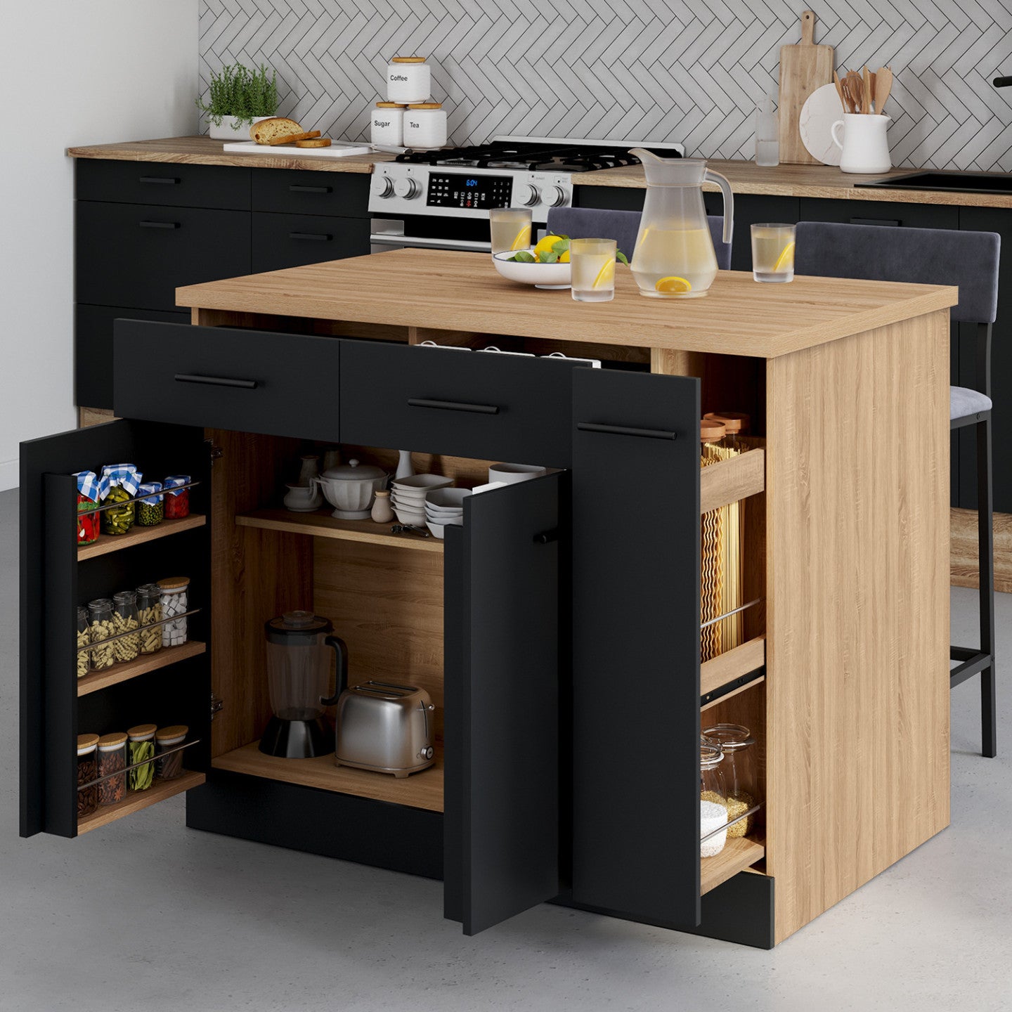 Ilot central ALTO portes avec rangements, tiroirs, rangement coulissant ...
