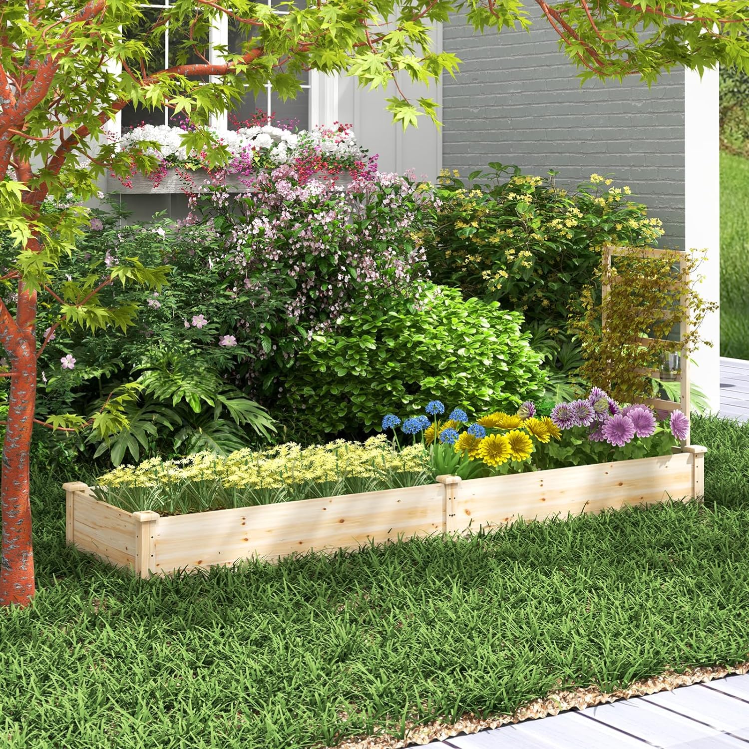 Jardinière Surélevée avec 1 Treillis, Bac à Fleurs Extérieur en Bois avec Compartiments Divisés, Assemblage DIY - 9