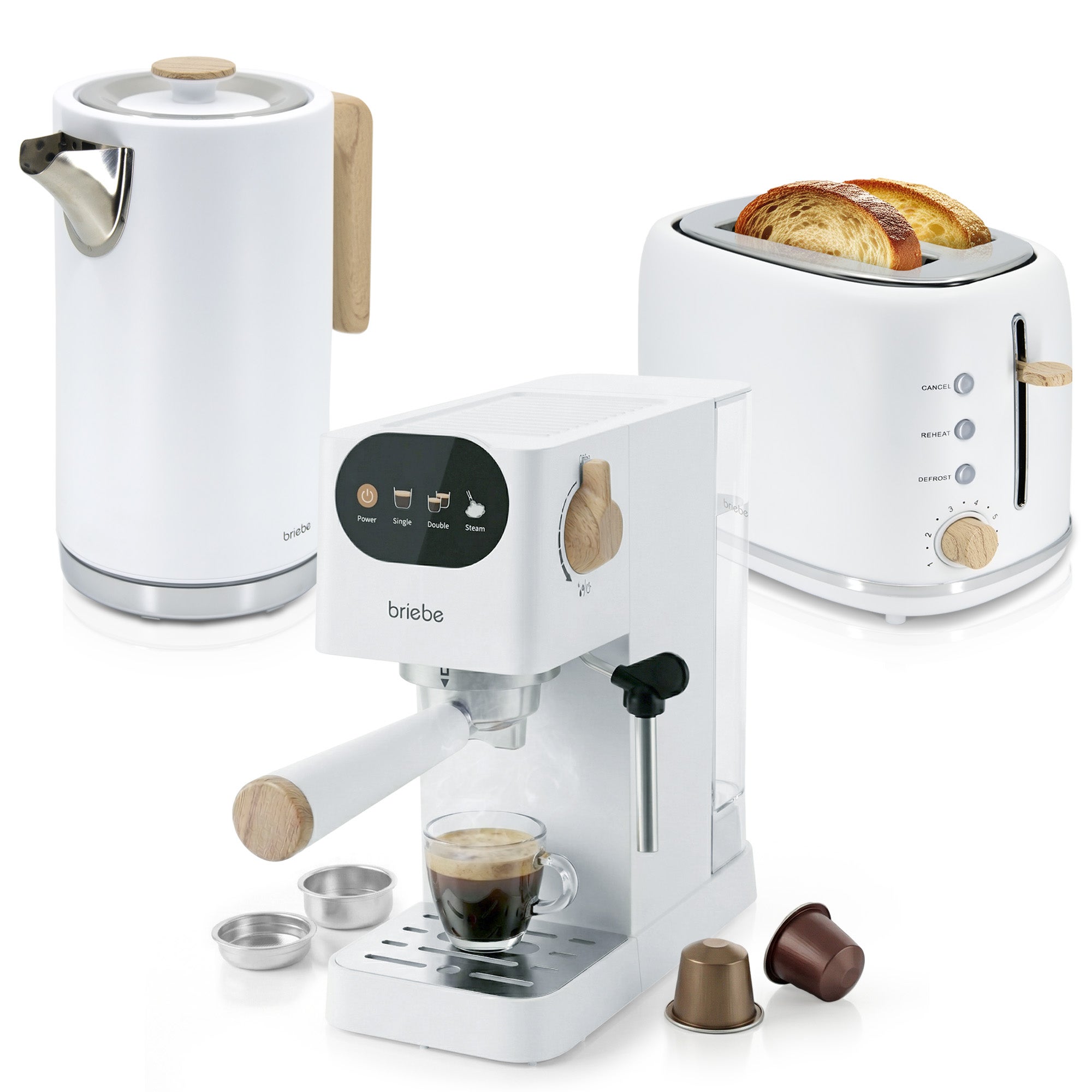 Nordic set cafetera espresso 20 bares, tostadora pan 2 rebanadas, hervidor eléctrico agua 1,7l, briebe, blanco, skt1209wht