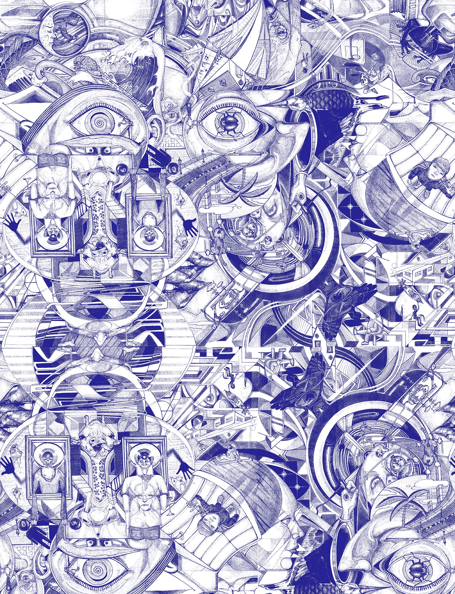 Tapeta surrealistyczny motyw niebieskimIbiałym - 53 cm x 10 m - WALLS4YOU