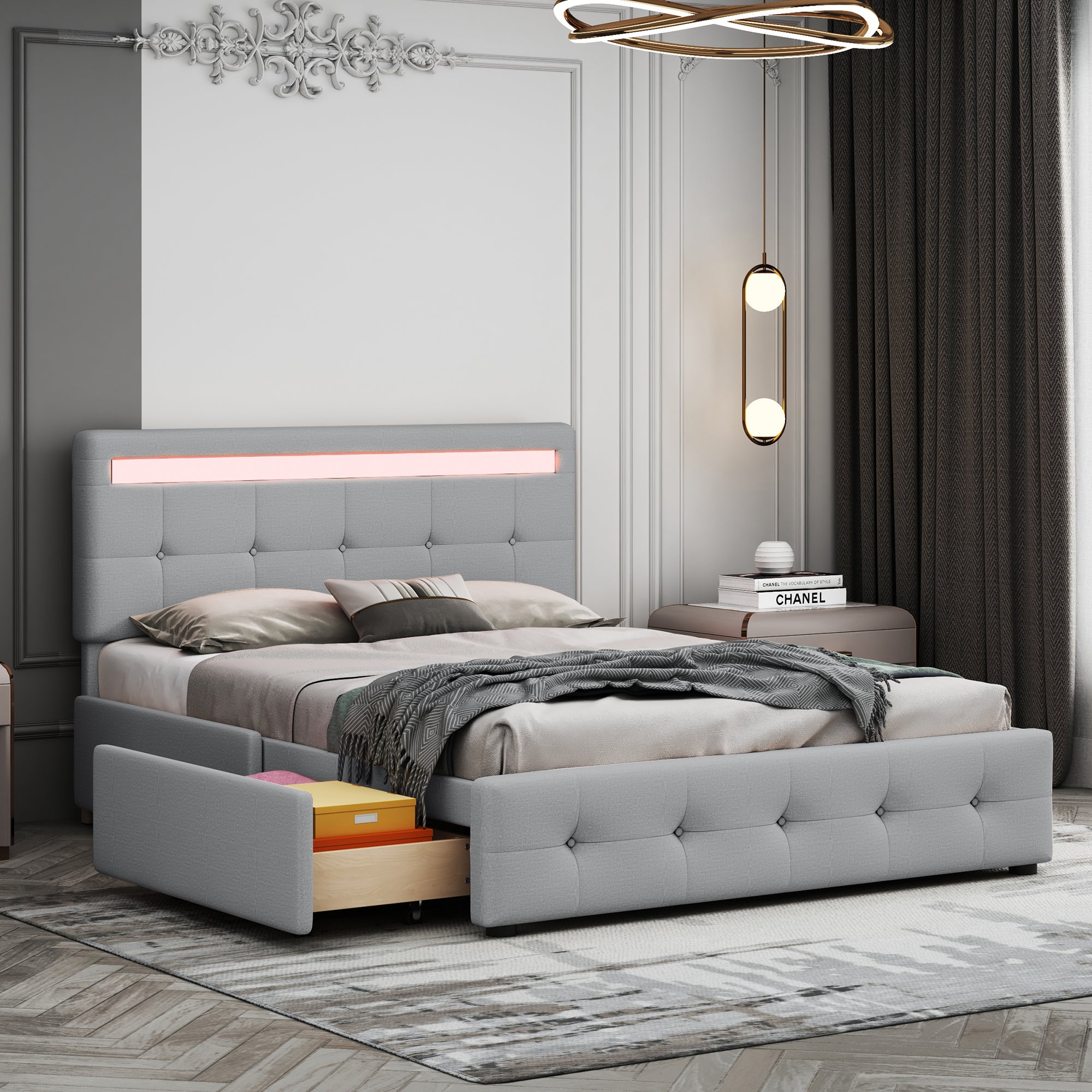 Łóżko małżeńskie 140 x 200 cm z zagłówkiem i 4 szufladami - LED - tkanina lniana - Szare