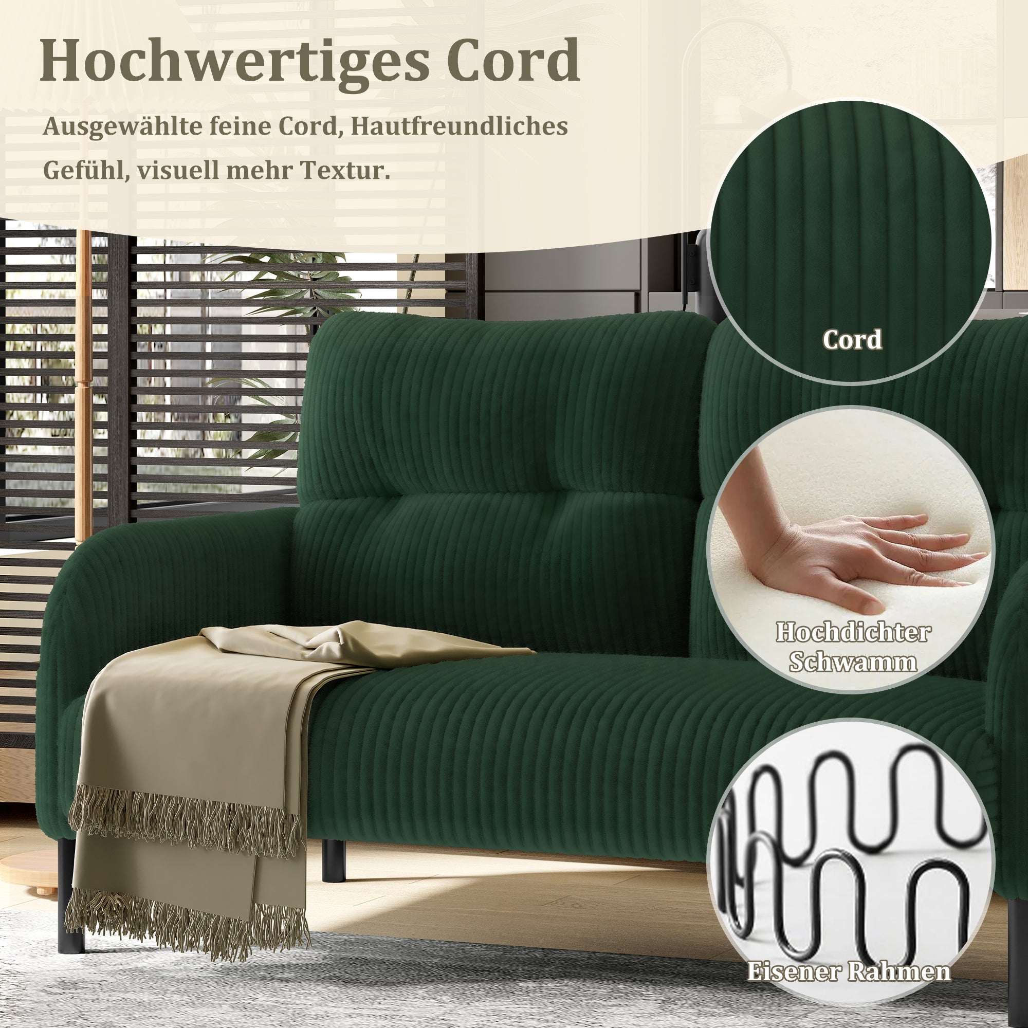 Canapé 2 places velours côtelé - Dossier haut pieds métal poches latérales pour salon/bureau - 6