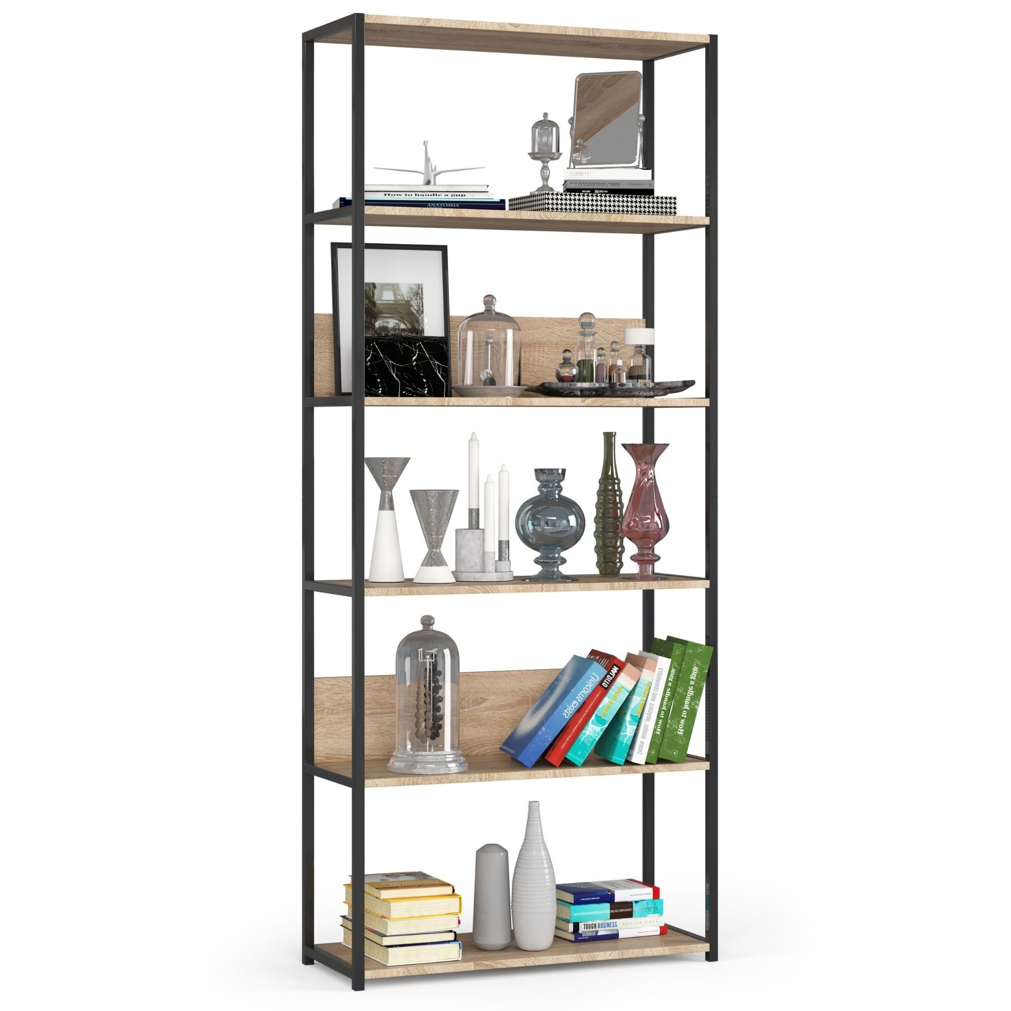 Regał loft AKORD metalowy Czarny 80 cm kolor Dąb Sonoma mat 6 półek 80x32x192 cm