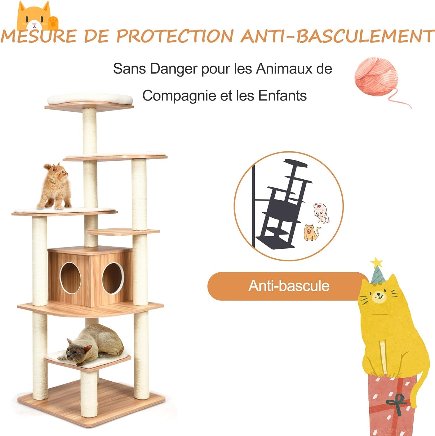 Árbol para Gatos de Madera de XXL 175 CM, Torre para Gatos de 6 Niveles con Poste Rascador de Sisal, Diseño Antivuelco, Cojines Cómodos, 59×49×140CM - 6