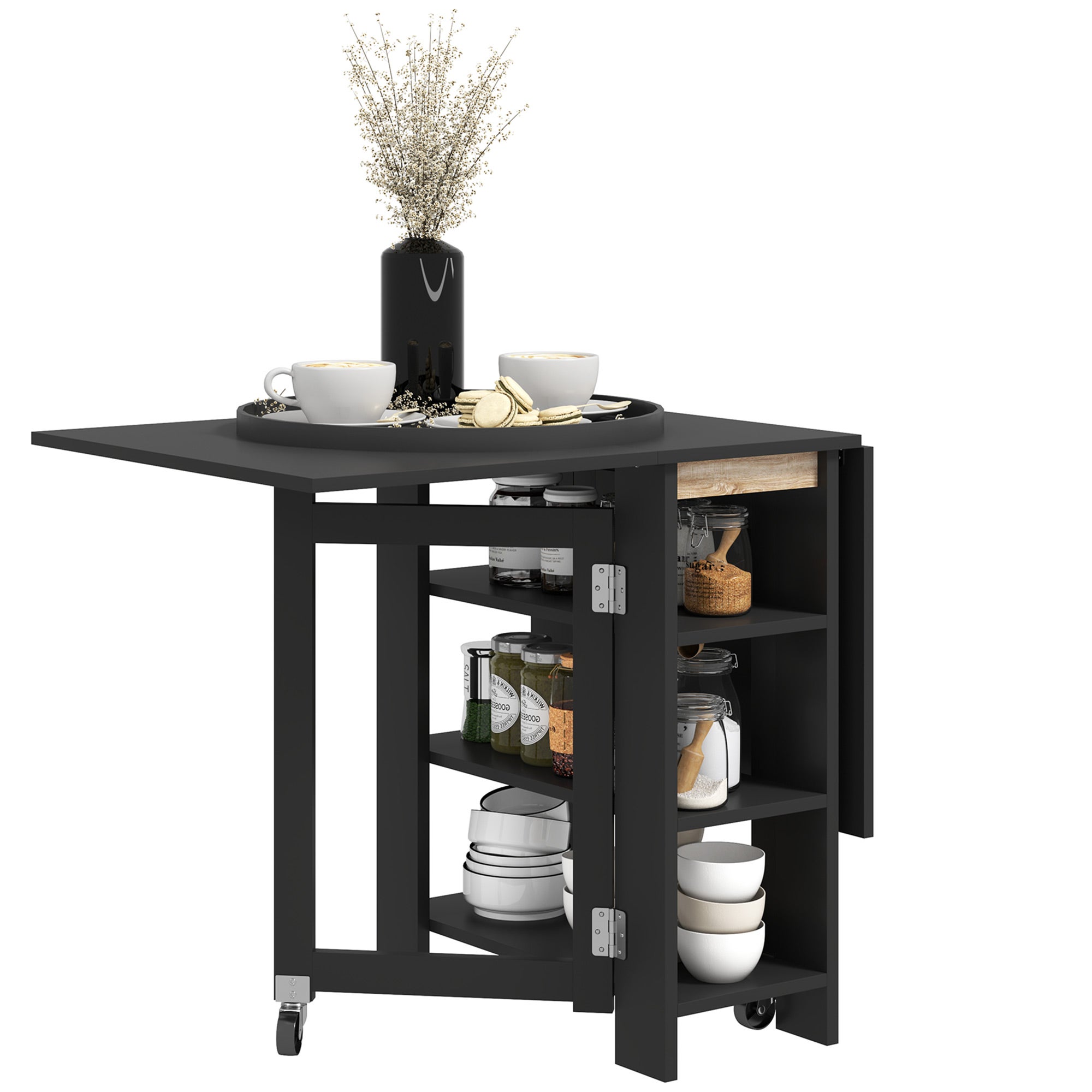 Mesa de cocina plegable con alas abatibles 2 ruedas y estantes estilo moderno 120x60x75 cm negro