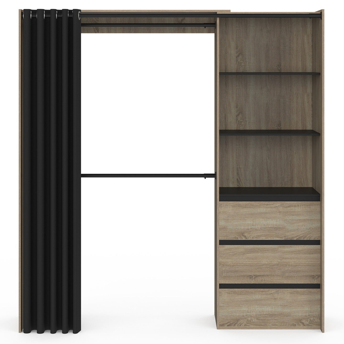 Dressing extensible MARTY 120/170 x 50 x 180 cm hêtre avec 3 tiroirs + étagères + double penderie + rideau noir - 4