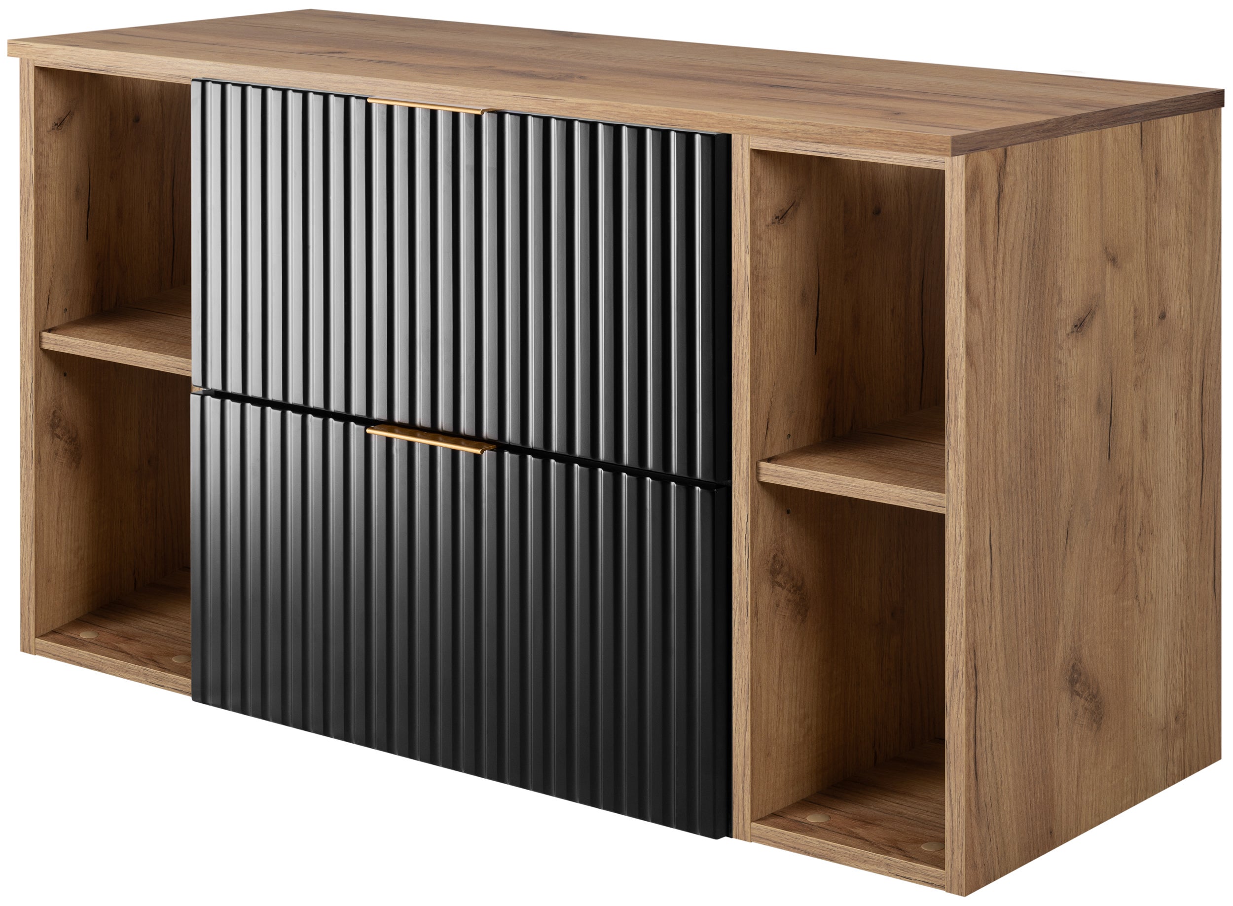 Szafka łazienkowa FLOW 100 cm czarna z regałami dąb craft blat ryflowany front