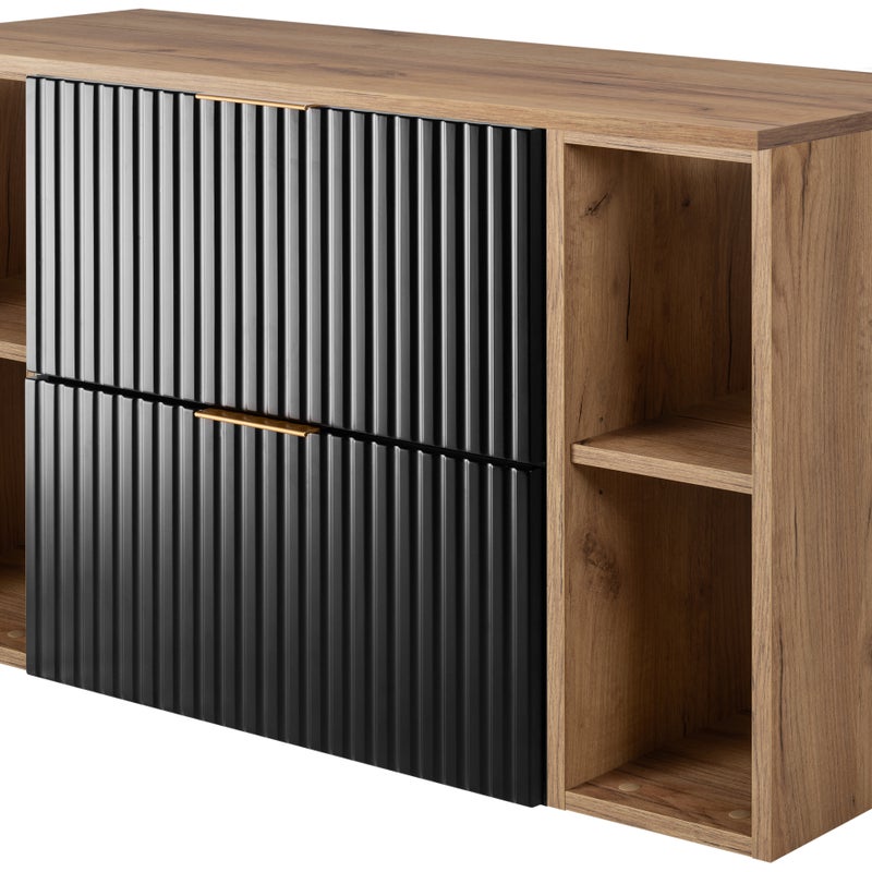 Szafka łazienkowa FLOW 100 cm czarna z regałami dąb craft blat ryflowany front