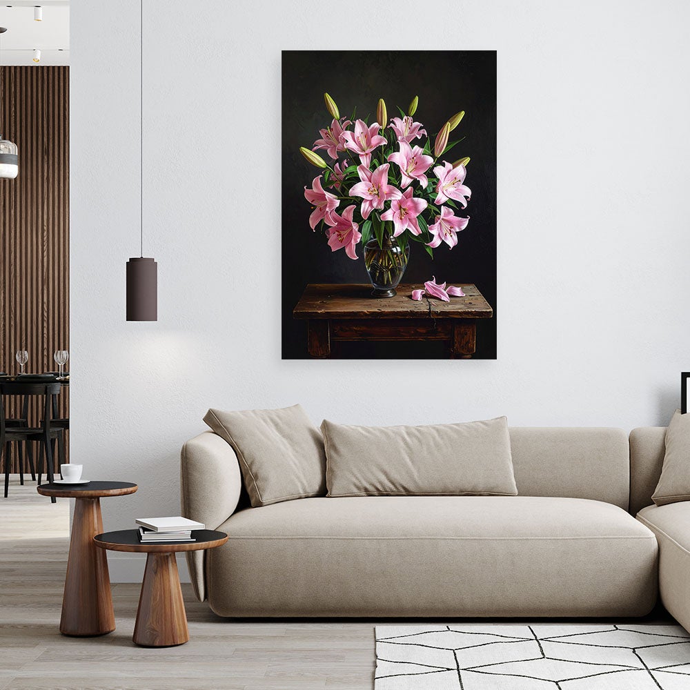 Obraz pionowy do salonu sypialni biura, Różowe lilie kwiaty w wazonie 40x60 - 2
