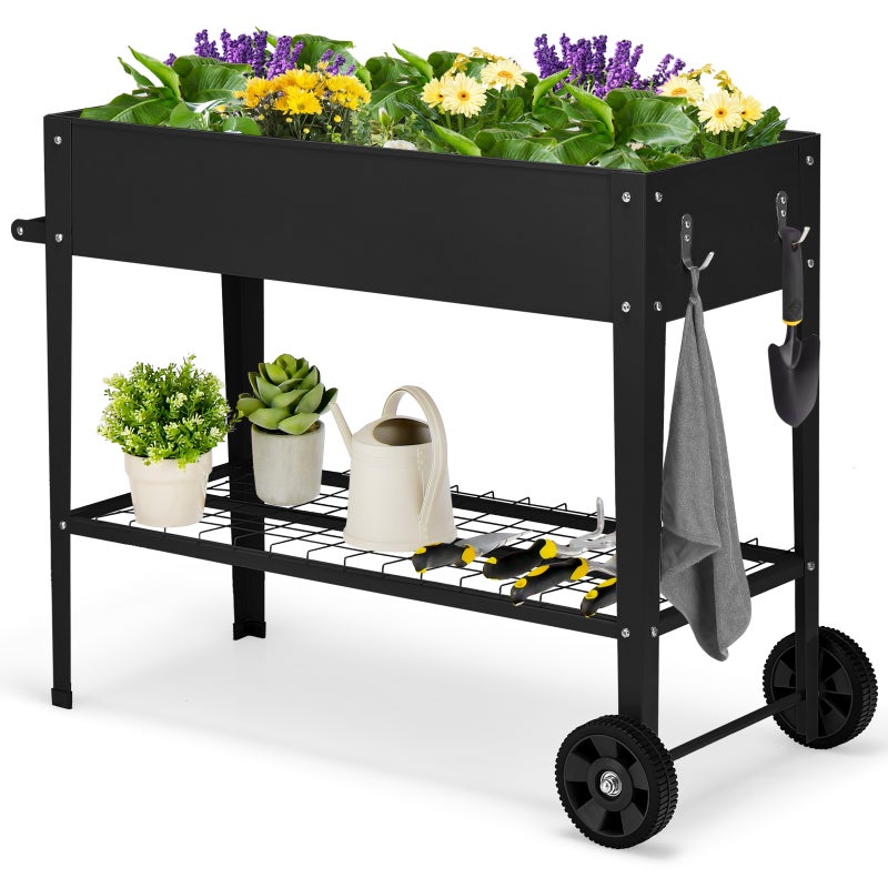 Podwyższona metalowa donica z nóżkami, łóżko ogrodowe na kółkach z półką do przechowywania, haczykami do zawieszania i uchwytem, czarne