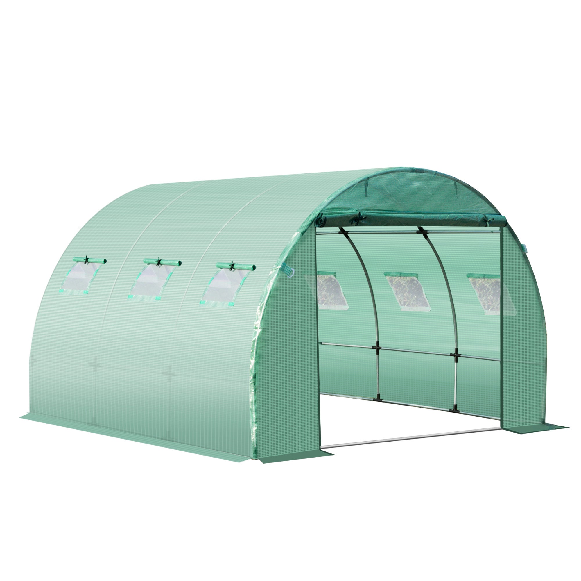 Bâche de Rechange Serre Tunnel 9 m², bâche 3 x 3 x 2 m PE Anti-UV imperméable 6 fenêtres + Porte Enroulable zippée foncé Vert - 2