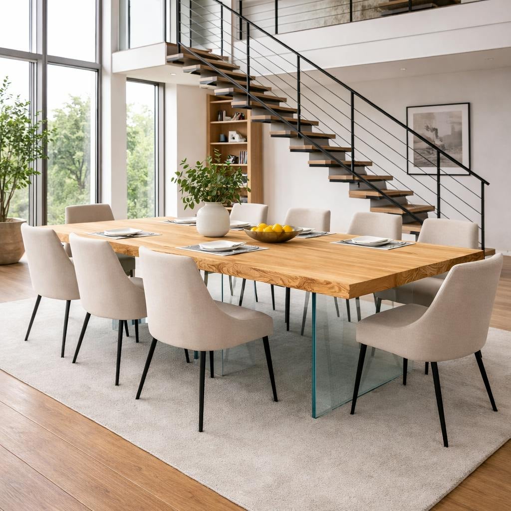 Table extensible chêne huilé bords naturels pieds verre 240 cm PALERME ...