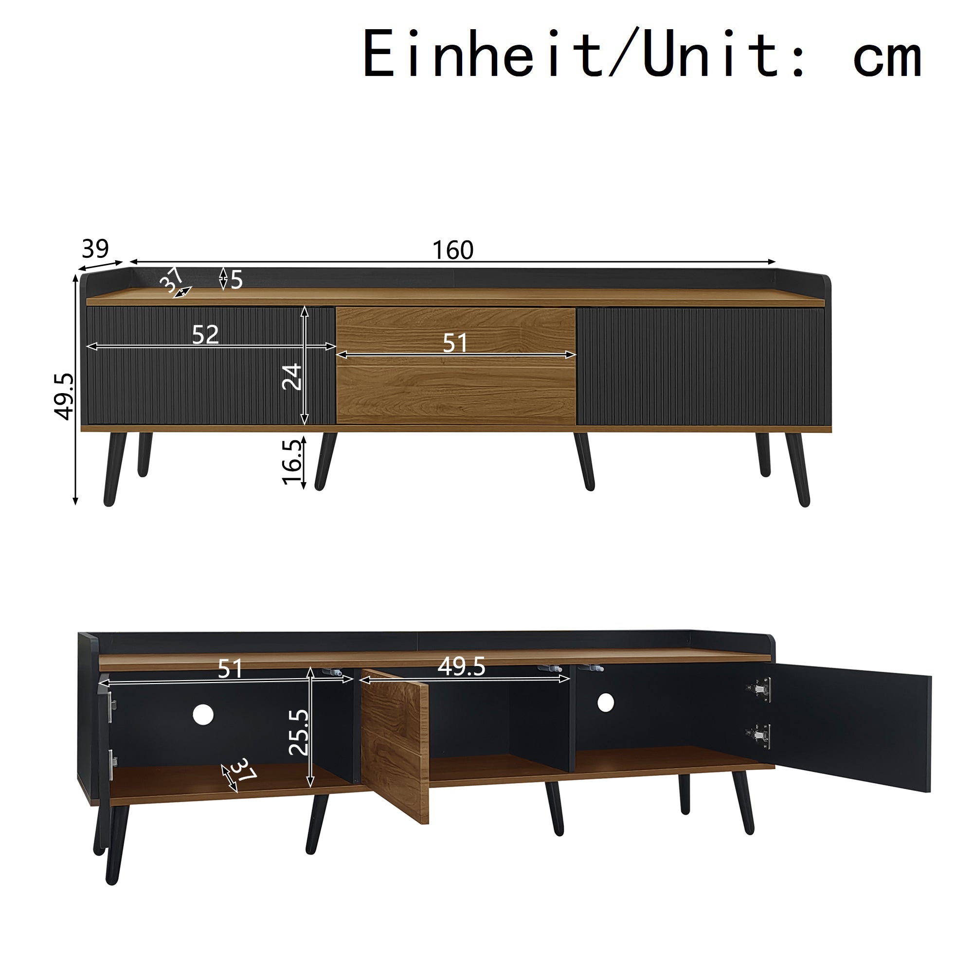 Meuble TV, meuble bas trois portes. Construction compacte. Finitions noir et bois naturel, 49.5*160* 39cm - 6