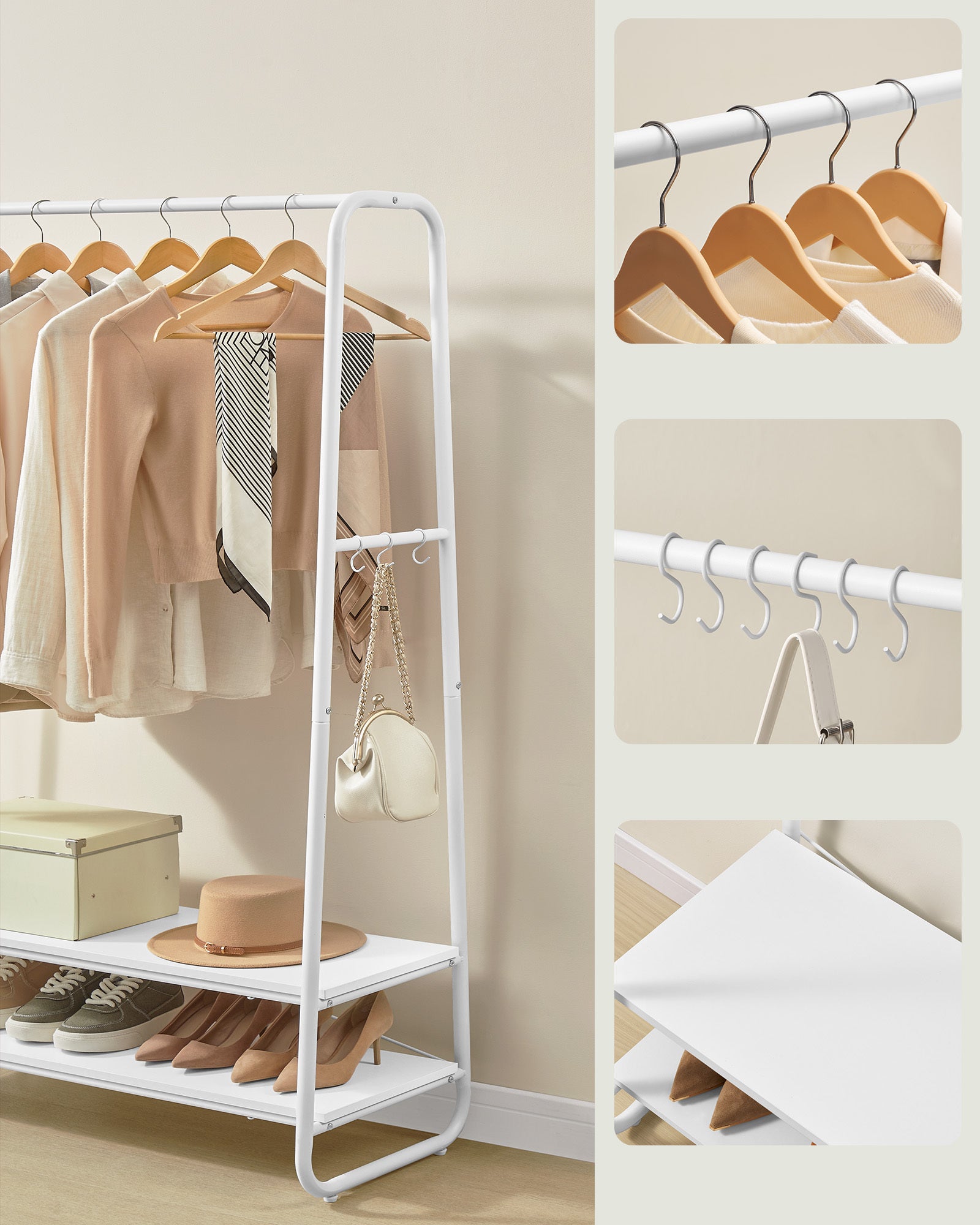 Portant à Vêtement, Porte-manteaux, Armoire, Vestiaire, avec 2 Étagères, 6 Crochets en Forme de S, Cadre en Acier, Blanc Nuage et Blanc Mat - 6
