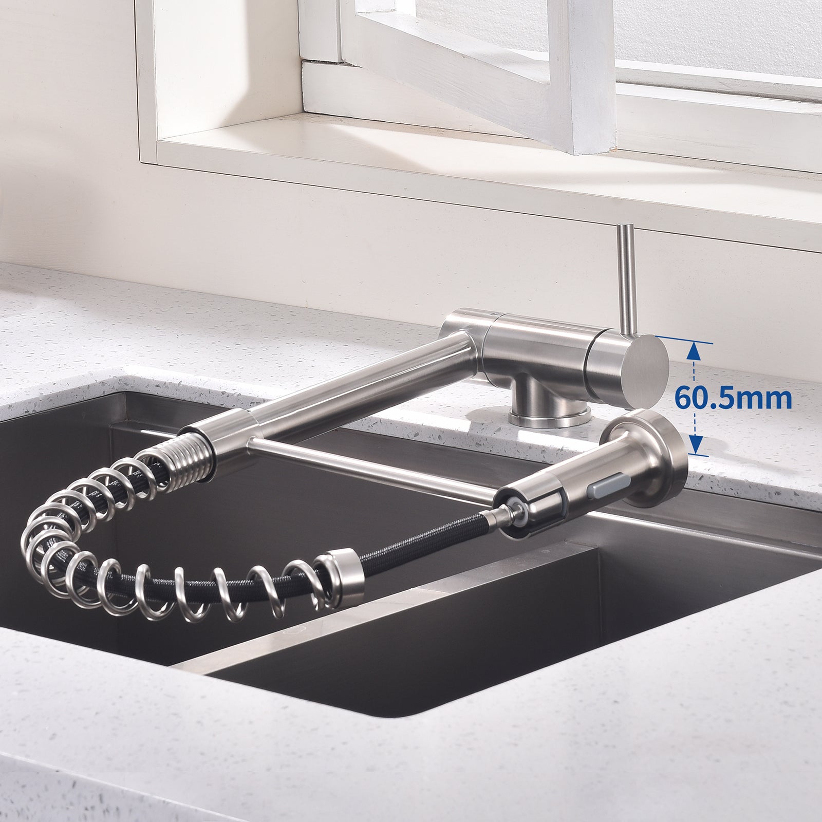 Mitigeur de Cuisine brossé pliable à ressort avec douchette 2 Jets, Robinet Cuisine d'Evier Rabattable Rotatif à 360° en Inox 304 - 7